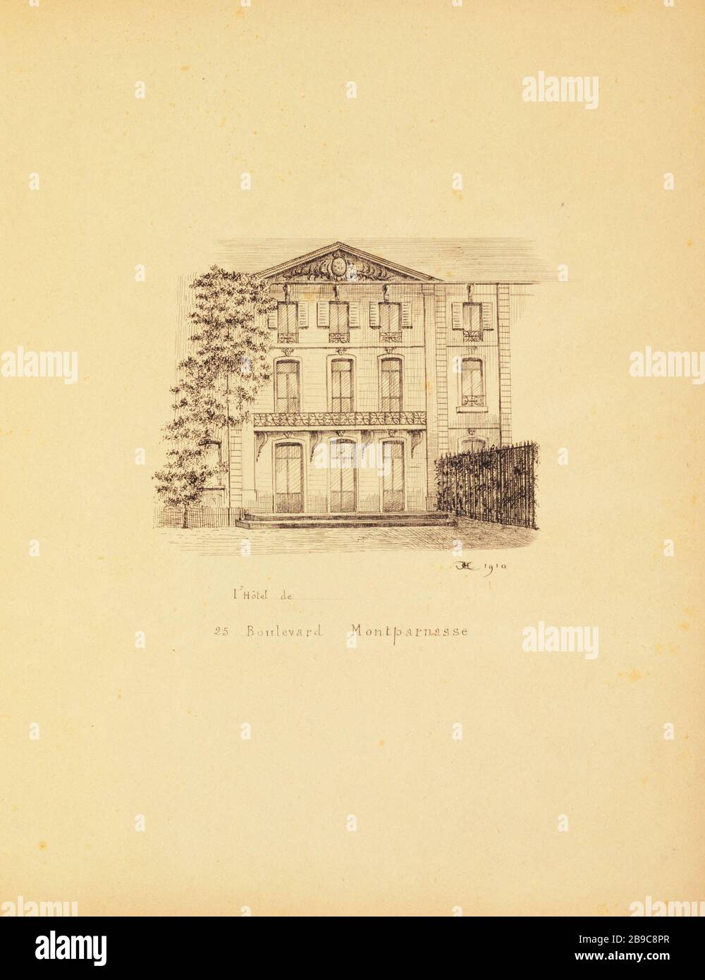 [Old Paris] House, 25 Boulevard Montparnasse, 1910 Henri Chapelle (1850-1925), dessinateur français. Le Vieux Paris. Maison, 25 boulevard Montparnasse. Plume. Paris (VIème arr.),  1910. Paris, musée Carnavalet. Stock Photo