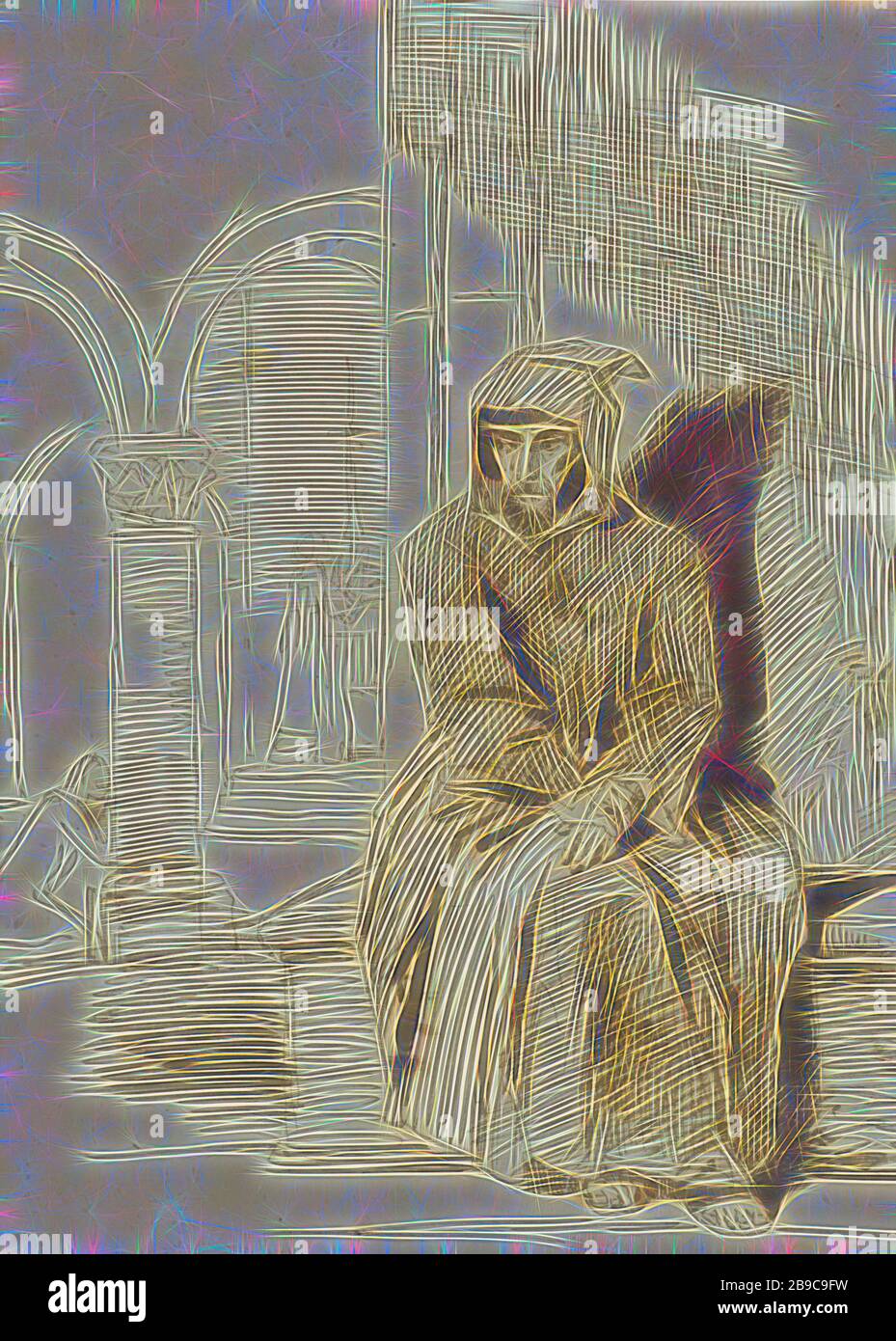 Seated monk, in contemplation, while mass is being celebrated in the background, Louis Boulanger, 1816 - 1867, paper, ink, brush, h 262 mm × w 190 mm, Reimagined by Gibon, design of warm cheerful glowing of brightness and light rays radiance. Classic art reinvented with a modern twist. Photography inspired by futurism, embracing dynamic energy of modern technology, movement, speed and revolutionize culture. Stock Photo