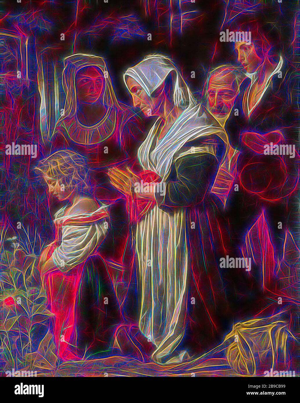 Piety 'Piety', 'Godliness'. A group of praying people at a Maria altar  along a road in a forest. In the middle an old woman kneeling with a rosary  in the folded hands.
