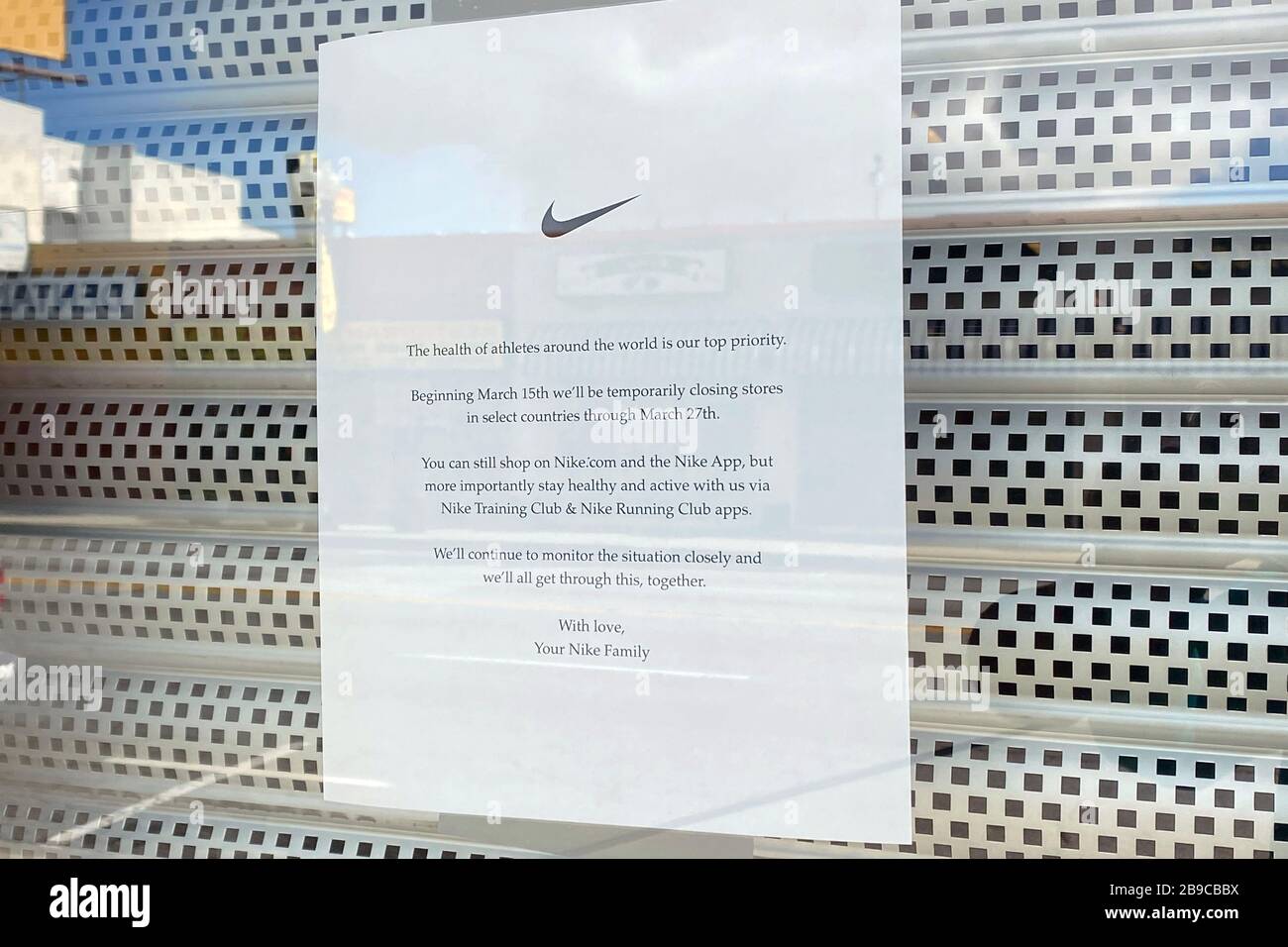 General overall view of the closed Nike East Los community store, Monday,  March 23, 2020, in Los Angeles amid the global coronavirus COVID-19  pandemic. (Photo by IOS/Espa-Images Stock Photo - Alamy