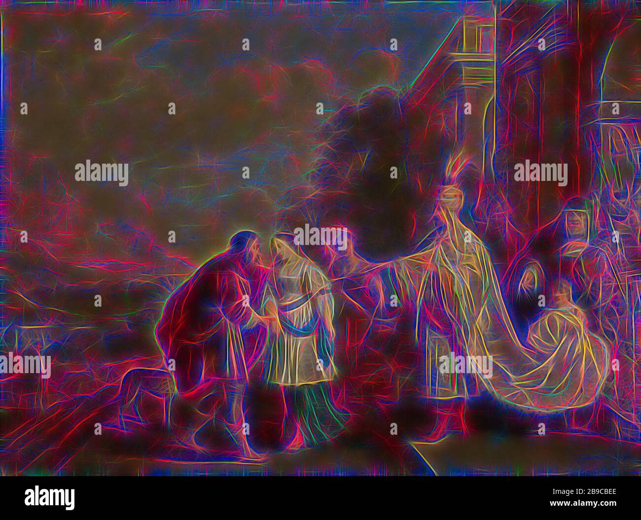 Pharaoh gives Sarah back to Abraham, Pharaoh gives Sarah back to Abraham. The action takes place at the top of the stairs in front of the king's palace. The king is standing on the right with a turban on his head and dressed in a long ermine cloak. Behind him high priests and soldiers. Abraham with a dog on the left., Isaac Isaacsz, 1640, canvas, oil paint (paint), support: h 96.9 cm × w 129.6 cm d 7.5 cm, Reimagined by Gibon, design of warm cheerful glowing of brightness and light rays radiance. Classic art reinvented with a modern twist. Photography inspired by futurism, embracing dynamic en Stock Photo