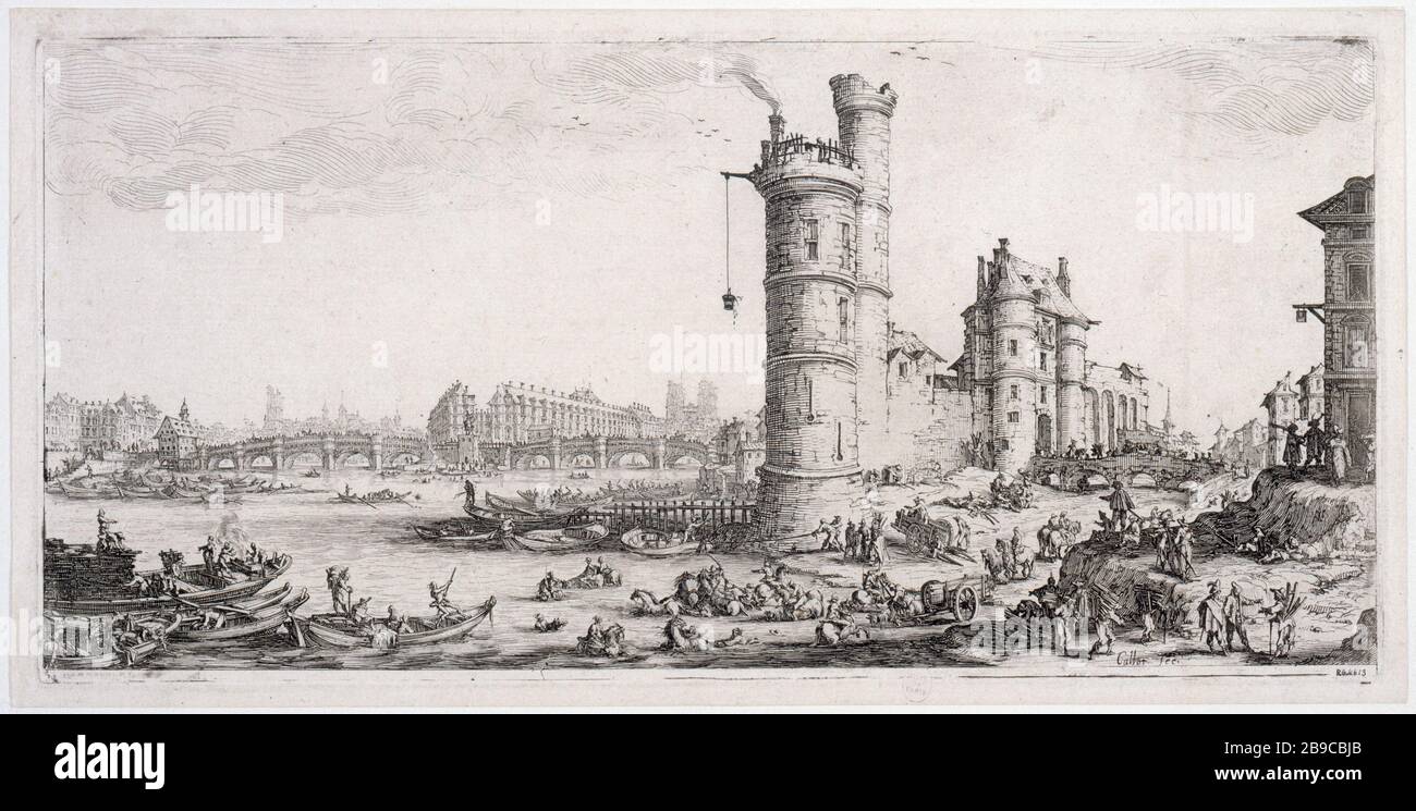 BRIDGE NINE AND TOWER NESLE 'Pont-Neuf et Tour de Nesle'. Gravure de Jacques Callot (1592-1635). Paris, musée Carnavalet. Stock Photo