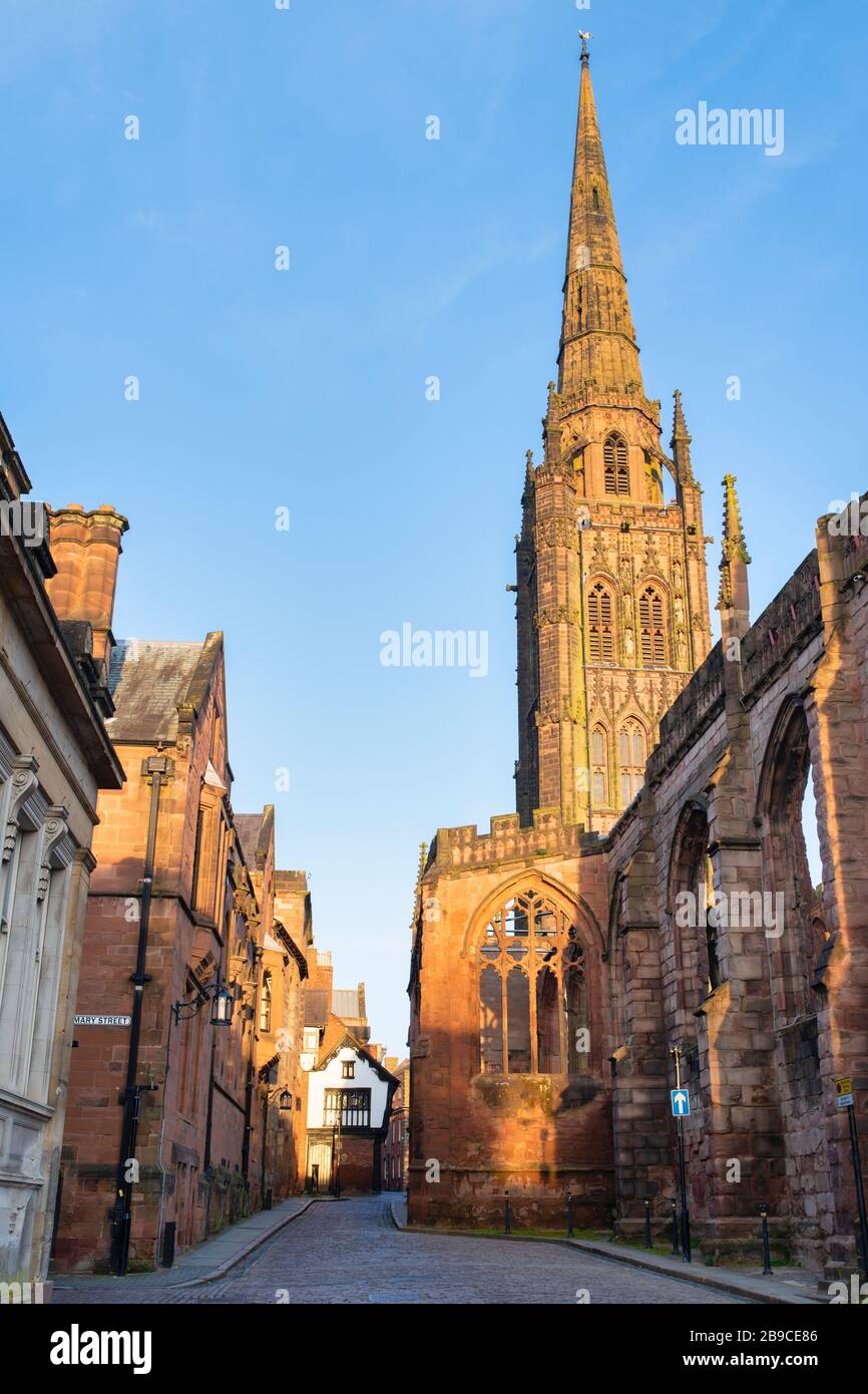 Old Coventry Cathedral and Bayley Lane at sunrise in the spring. Coventry, West Midlands, England Stock Photo
