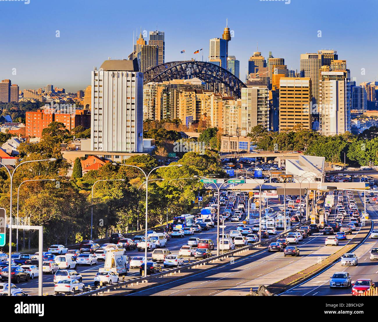 Heavy traffic in Sydney city on Warringah freeway through North SYdney towards the SYdney Harbour bridge. Stock Photo
