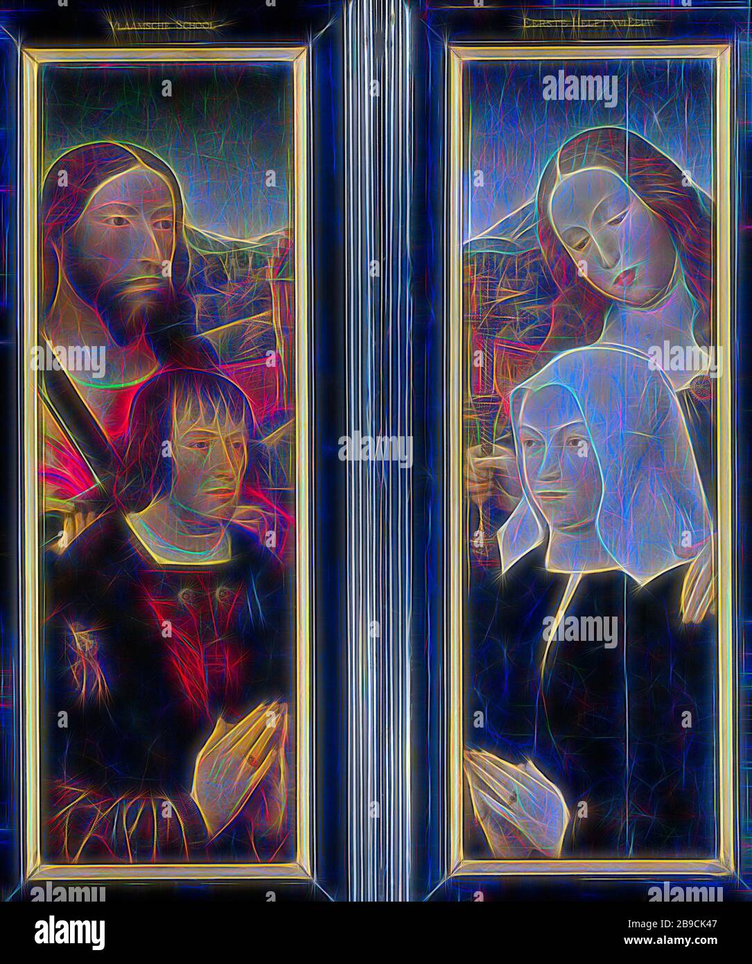 Two Wings of a Triptych with the Donor, Thomas Isaacq, accompanied by Saint Thomas (left, outer wing), and the Donor's Wife accompanied by Saint Margaret (right, Two wings of a triptych. Exterior left side panel: the kneeling founder Thomas Isaacq (died 1539-40), armor of the Golden Fleece, adorned with the arms of Philips the Fair, accompanied by Saint Thomas. Exterior of the right-hand side panel: the founder's kneeling wife with St Margaret, Order of the Golden Fleece, Master of the Magdalen Legend, c. 1505 - c. 1510, panel, oil paint (paint), support: h 89.8 cm × w 28.7 cm d 9 cm, Reimagin Stock Photo