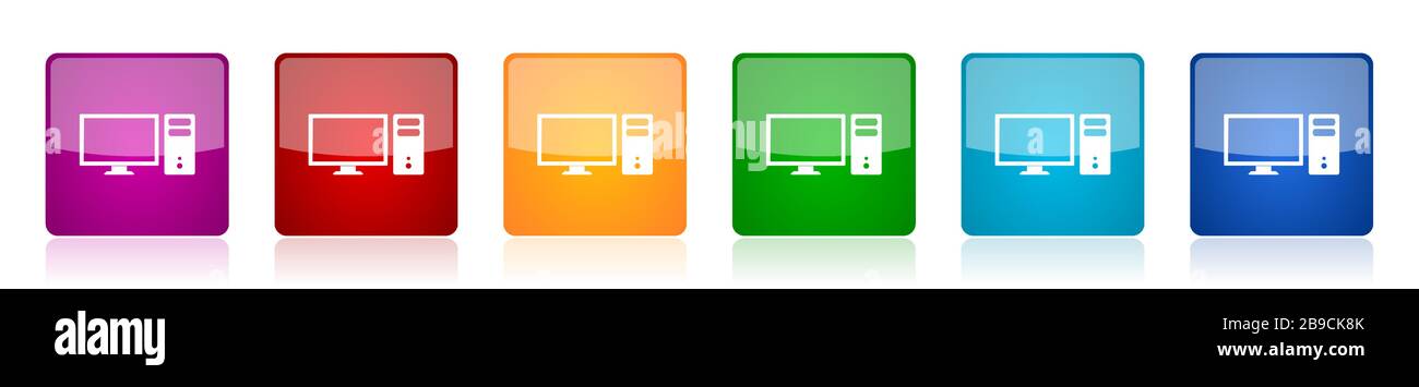 Computer icon set, monitor, screen, pc colorful square glossy vector ...