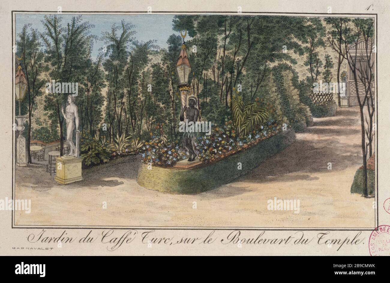 GARDEN TURKISH COFFEE ON THE BOULEVARD DU TEMPLE Dorgès. 'Jardin du café Turc sur le boulevard du Temple'. Gravure. Paris, musée Carnavalet. Stock Photo