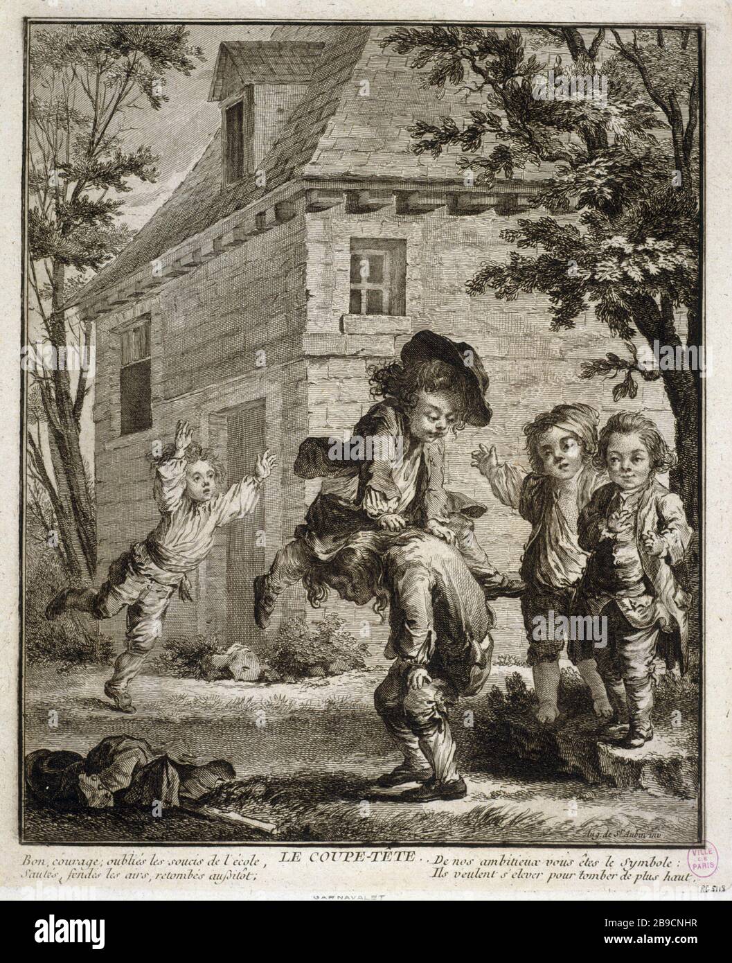 CUTTING THE HEAD OR JUMPING SHEEP Augustin de Saint-Aubin (1736-1807). 'Le coupe-tête ou saut de mouton'. Gravure. Paris, musée Carnavalet. Stock Photo
