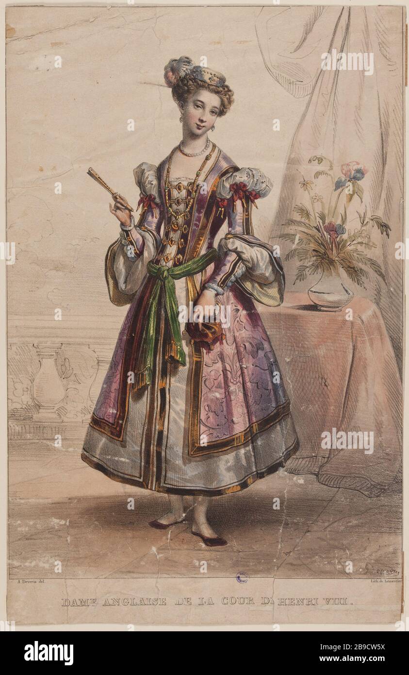 Historical costumes: English Lady of the court of Henry VIII Achille Devéria (1800-1857), graveur français, et Rose Joseph Lemercier (1803-1887), imprimeur-lithographe français. Costumes historiques : Dame anglaise de la cour d'Henri VIII. Lithographie coloriée et gommée sur papier, 1831. Paris, musée Carnavalet. Stock Photo