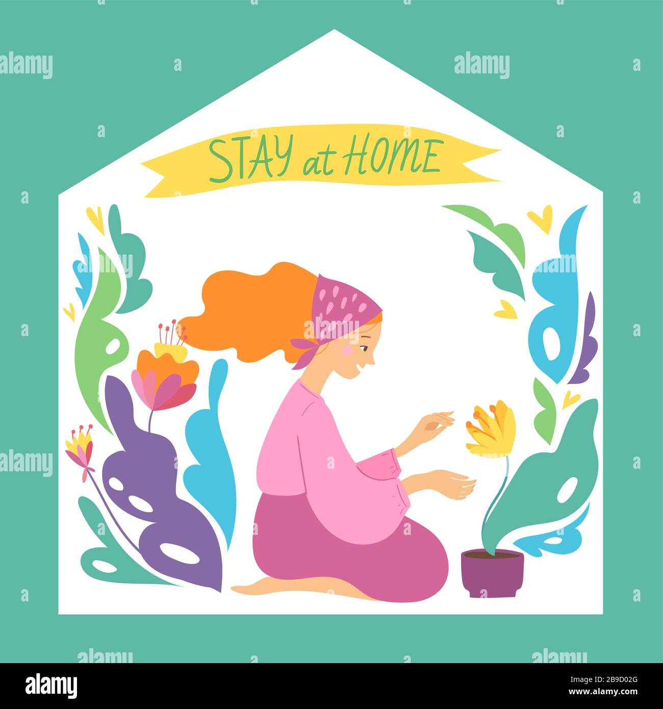 Stay home vector quarantine illustration with woman spend time at home ...