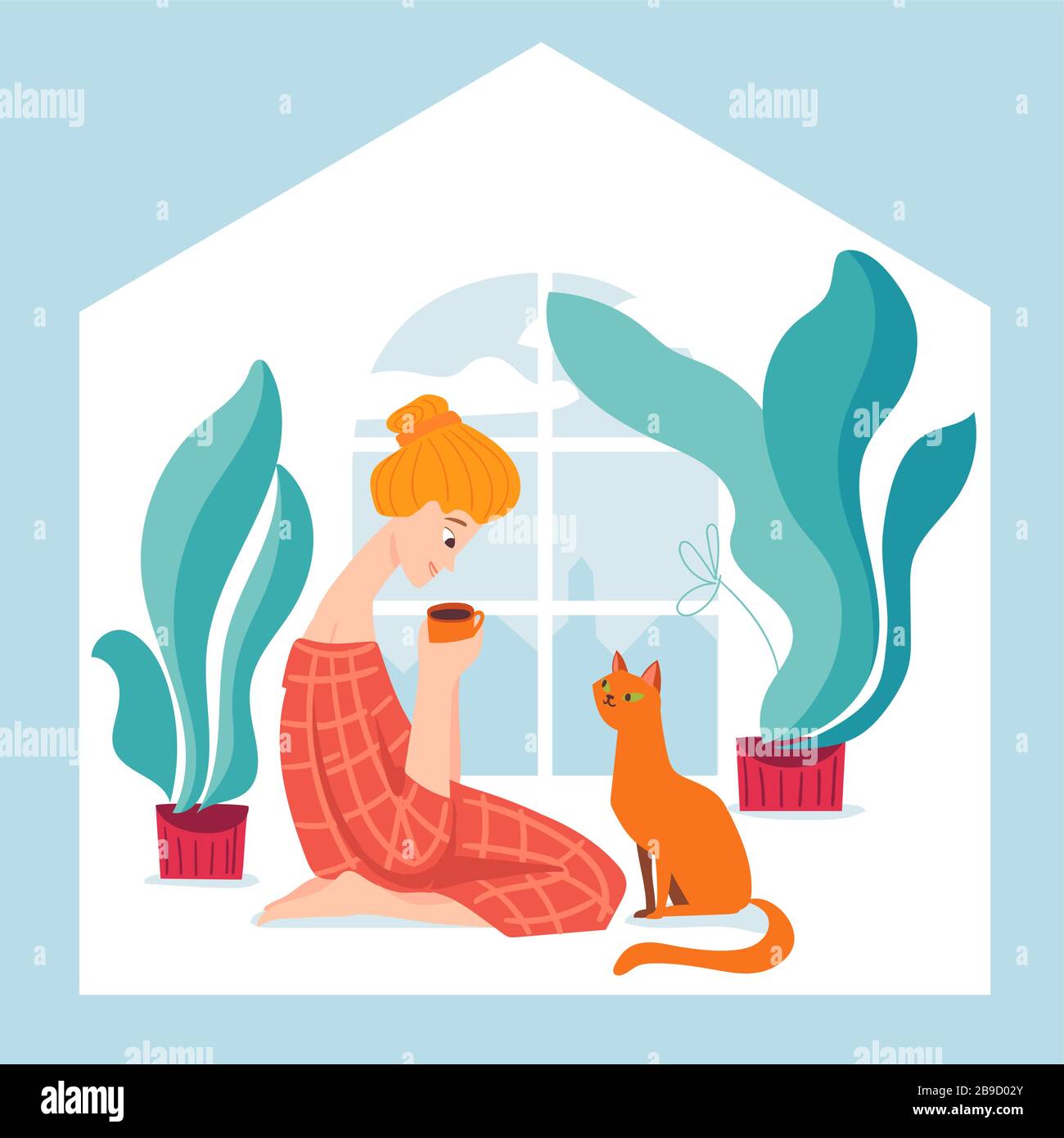 Stay home vector quarantine illustration with a woman spend time at ...