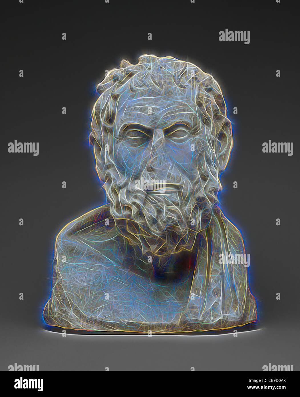 Herm Bust of a Greek Philosopher, Roman Empire, late 1st century, Italian marble, 39 × 31.3 × 19.5 cm (15 3,8 × 12 5,16 × 7 11,16 in, Reimagined by Gibon, design of warm cheerful glowing of brightness and light rays radiance. Classic art reinvented with a modern twist. Photography inspired by futurism, embracing dynamic energy of modern technology, movement, speed and revolutionize culture. Stock Photo