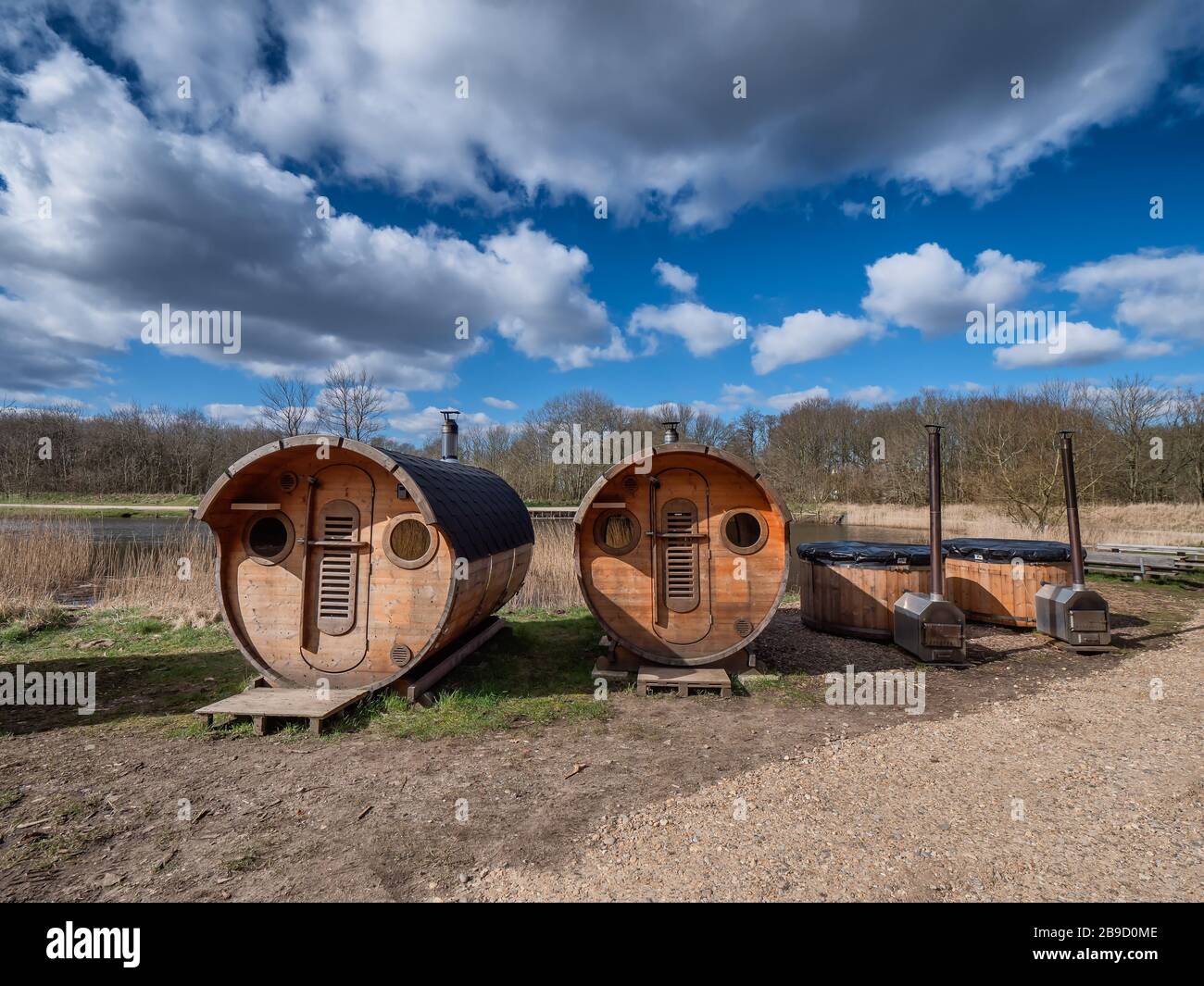 Sauna and wilderness bath, woodfired in Skjern meadows, Denmark Stock Photo
