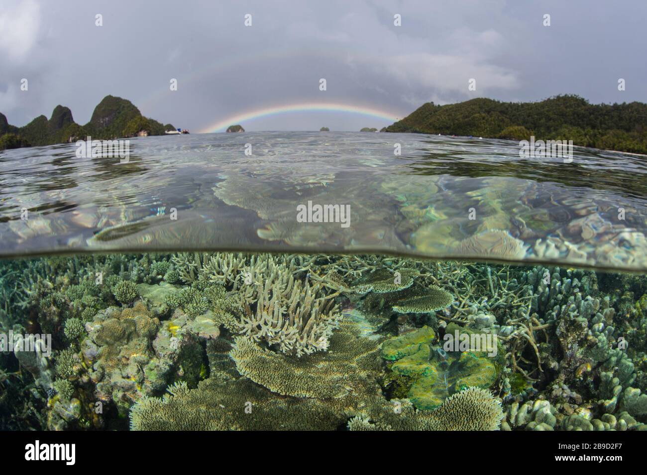 A rainbow appears above a coral reef amid the islands of Raja Ampat, Indonesia. Stock Photo