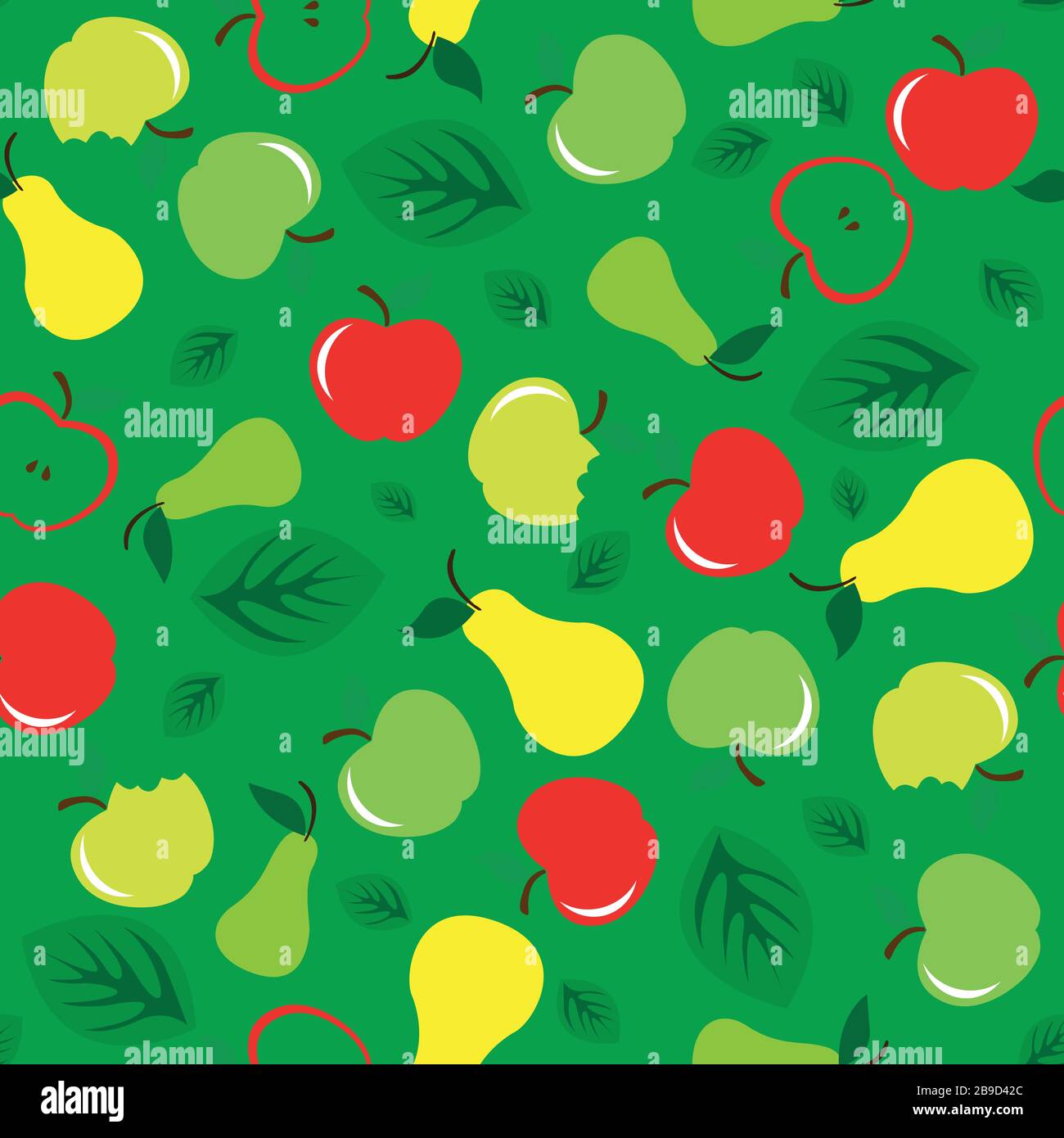 Apple and pear seamless pattern green background Stock Vector