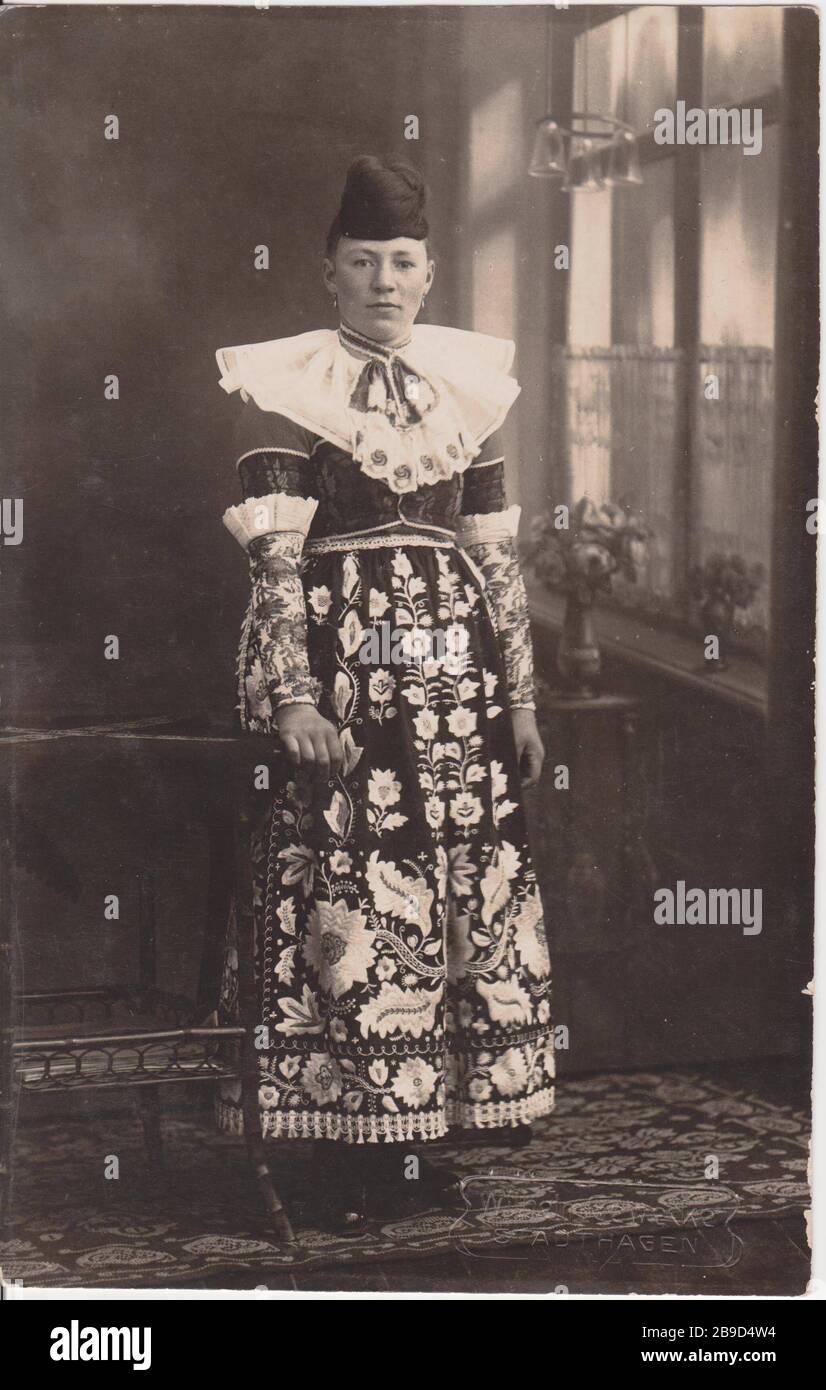 A young woman in traditional costume of Schaumburg with 'utnahter Schöchten' (embroidered silk apron), Perlhandschen (forearm cuffs) and the 'Hälschen' (ruff made of batiste). As hairstyle she wears the hallmark (topknot on the forehead). [automated translation] Stock Photo