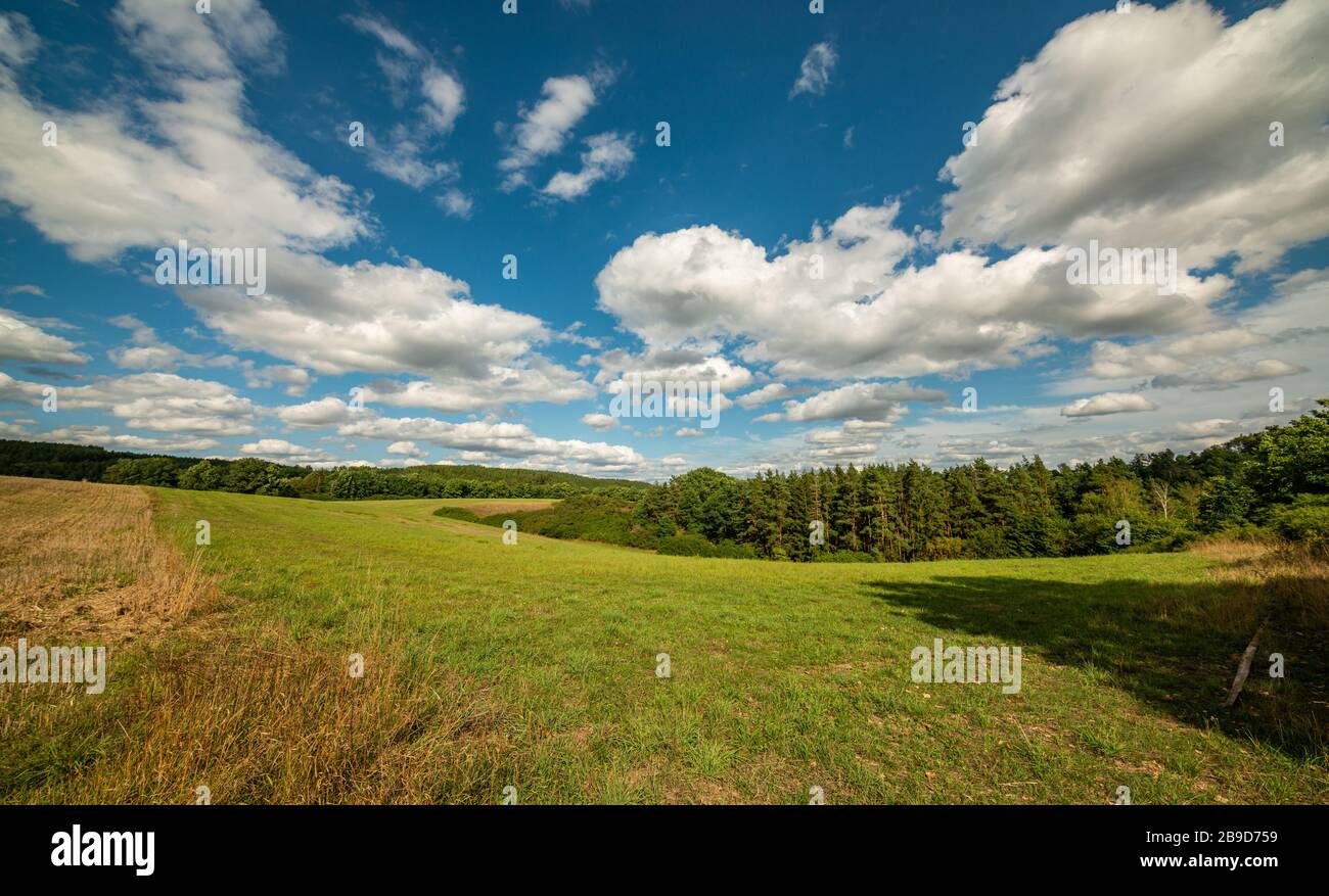 land view in small valley with field, meadow, forest and blue cloudy