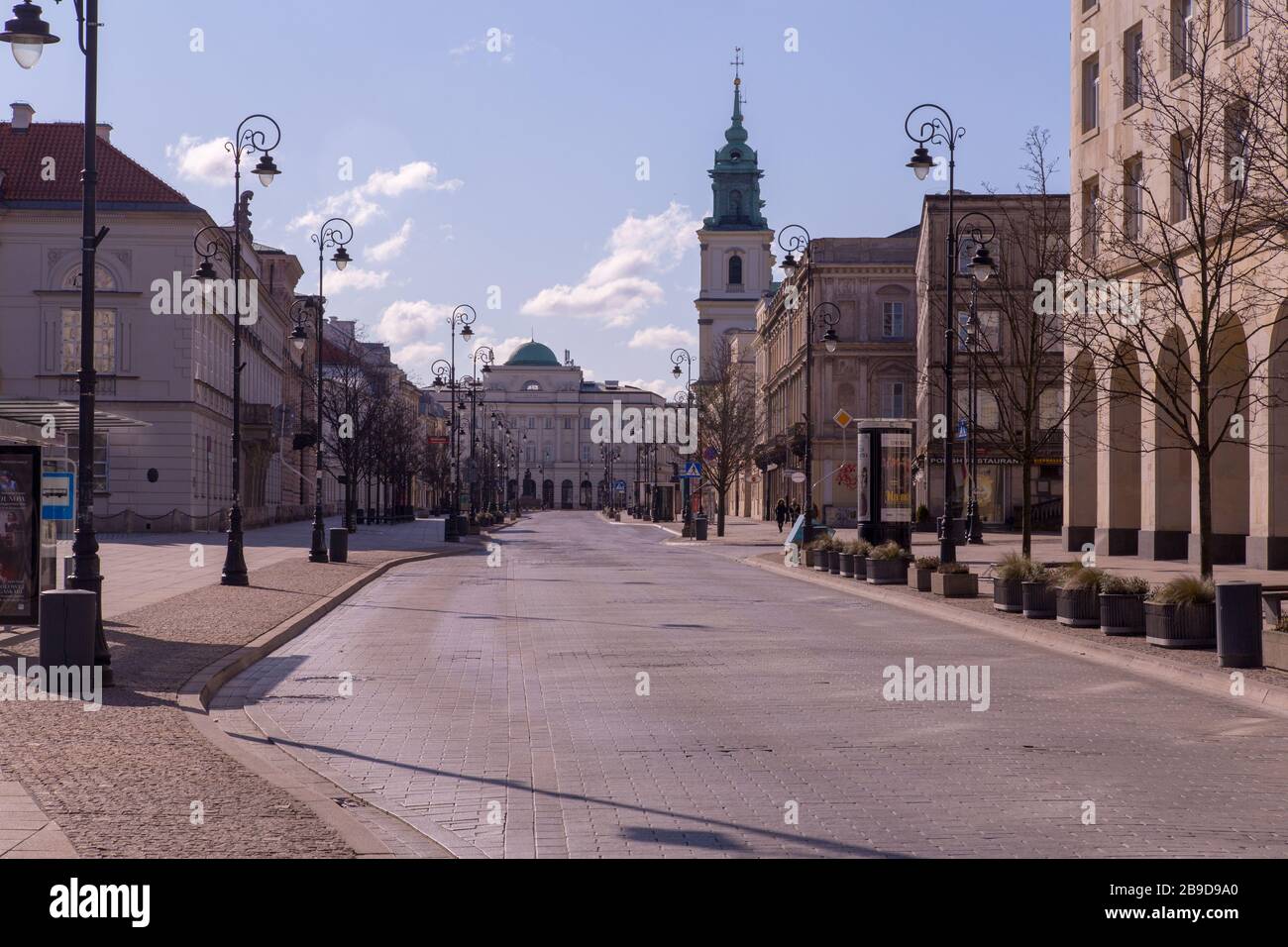 Empty deserted city Centre of Warsaw, Poland during coronavirus pandemic Stock Photo