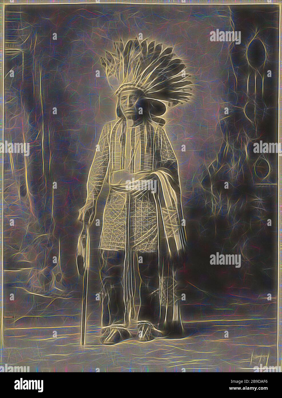 Native American Male, Adolph F. Muhr (American, died 1913), Frank A. Rinehart (American, 1861 - 1928), 1898, Platinum print, 23.5 x 17.8 cm (9 1,4 x 7 in, Reimagined by Gibon, design of warm cheerful glowing of brightness and light rays radiance. Classic art reinvented with a modern twist. Photography inspired by futurism, embracing dynamic energy of modern technology, movement, speed and revolutionize culture. Stock Photo