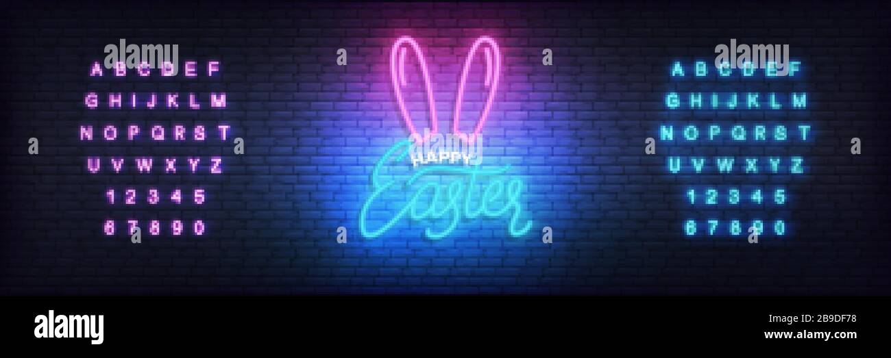 Easter neon template. Glowing label for Easter and alphabet Stock Vector