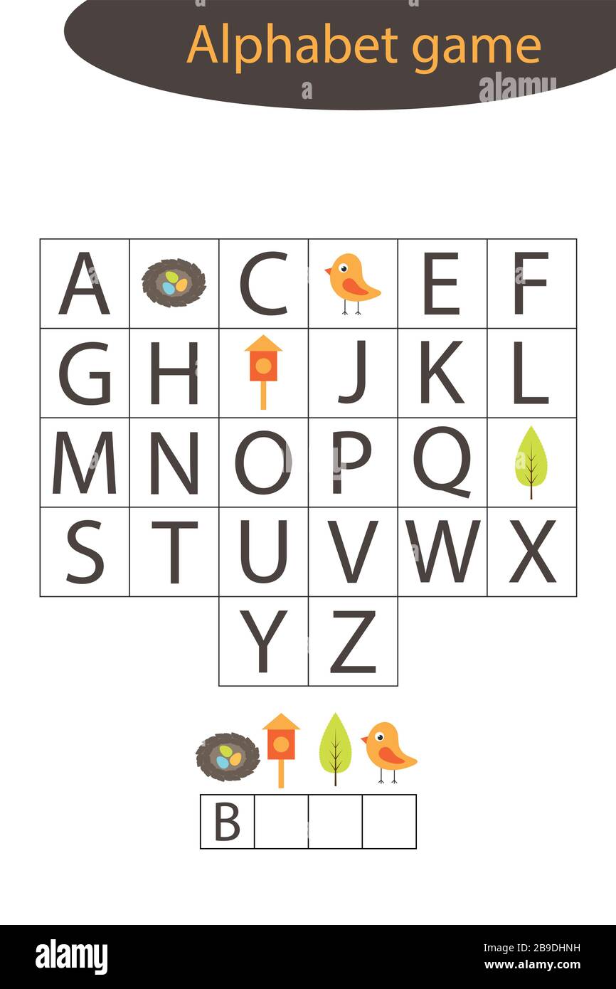 Spring alphabet game for children, make a word, preschool worksheet activity for kids, educational spelling scramble game for the development of Stock Vector