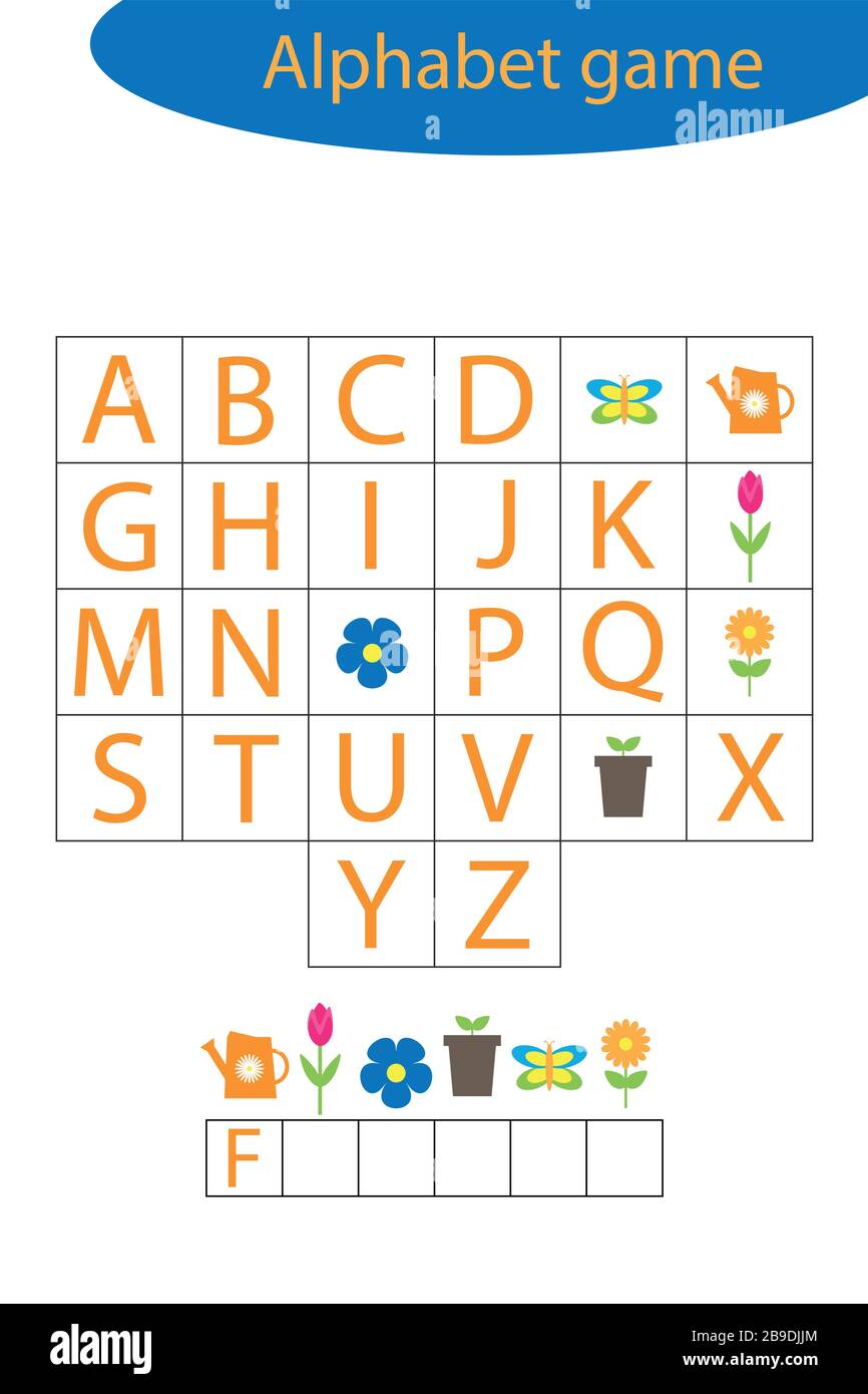 Spring alphabet game for children, make a word, preschool worksheet activity for kids, educational spelling scramble game for the development of Stock Vector