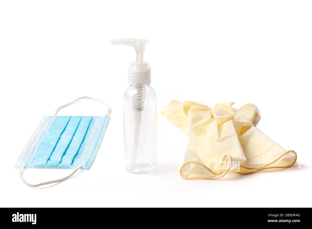 Personal medical protective equipment, mask, sterile gloves, and disinfectants for virus protection Stock Photo