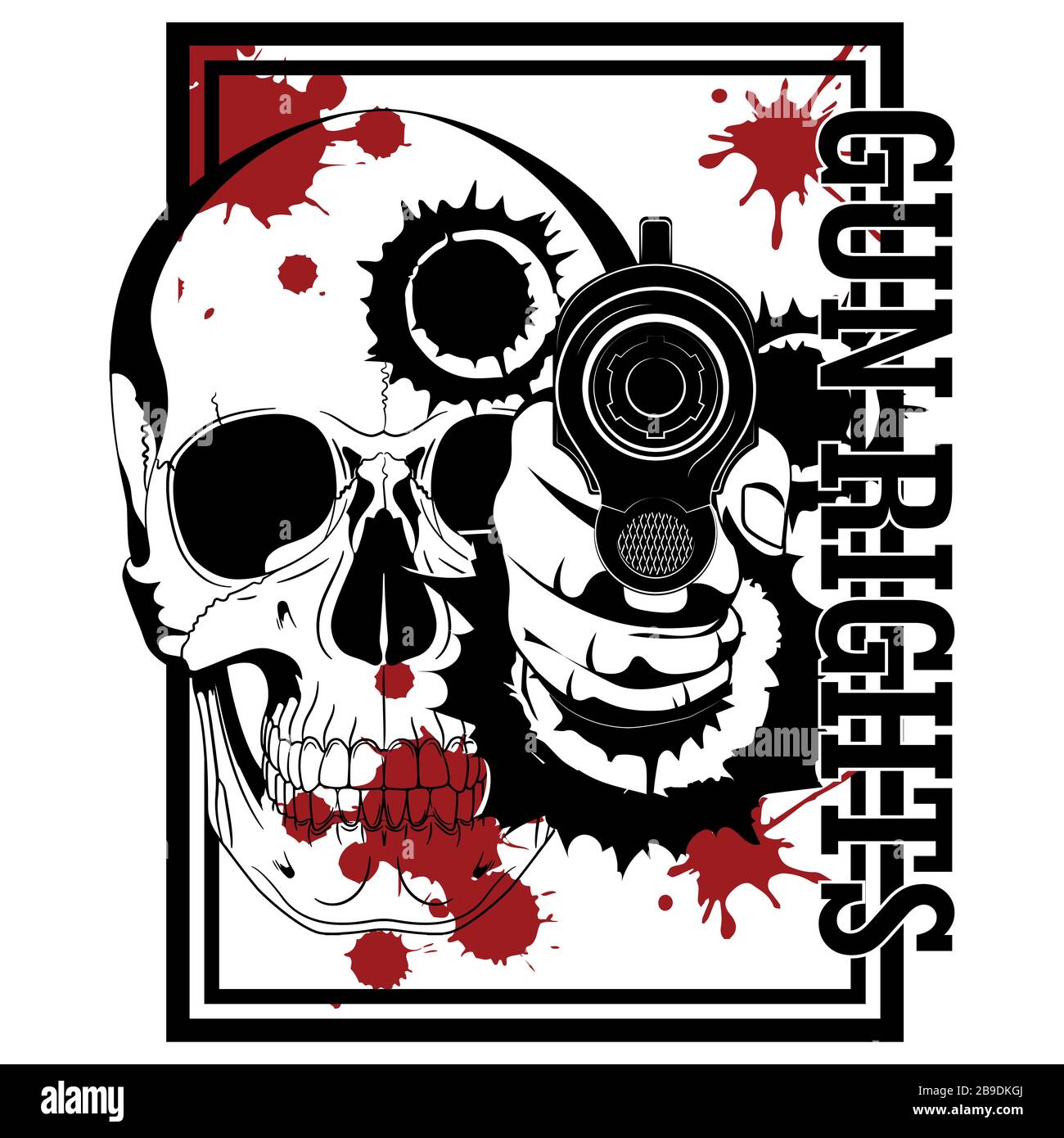 Design with firearms. Hand with gun, human skull, blood and bullet holes Stock Vector