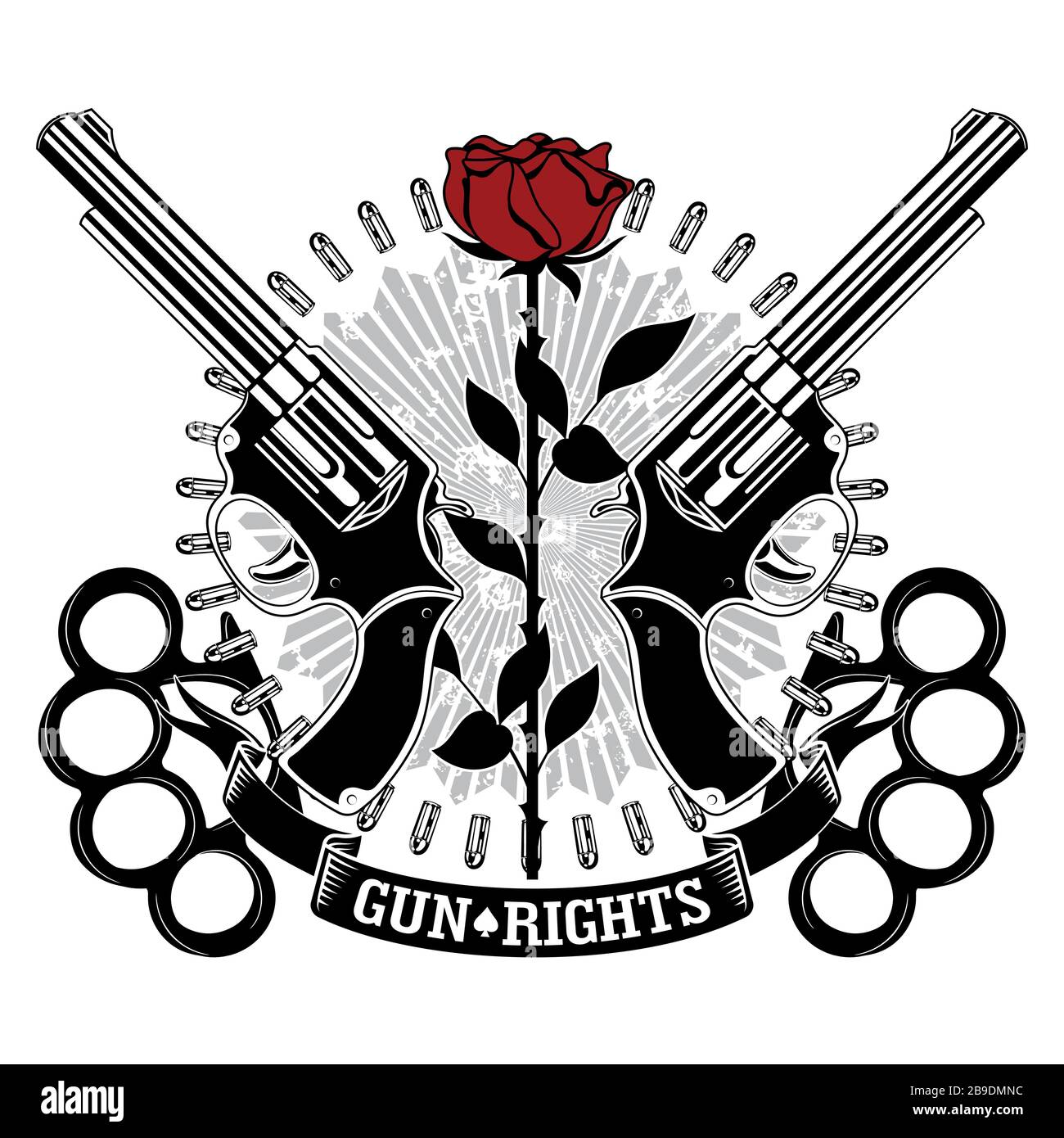 Design with firearms. Two revolvers, a circle of pistol cartridges, brass knuckles and a red rose Stock Vector