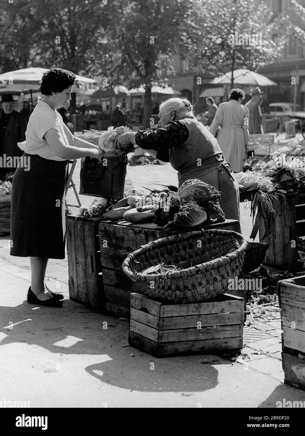A market woman sells vegetables at the Munich Viktualienmarkt