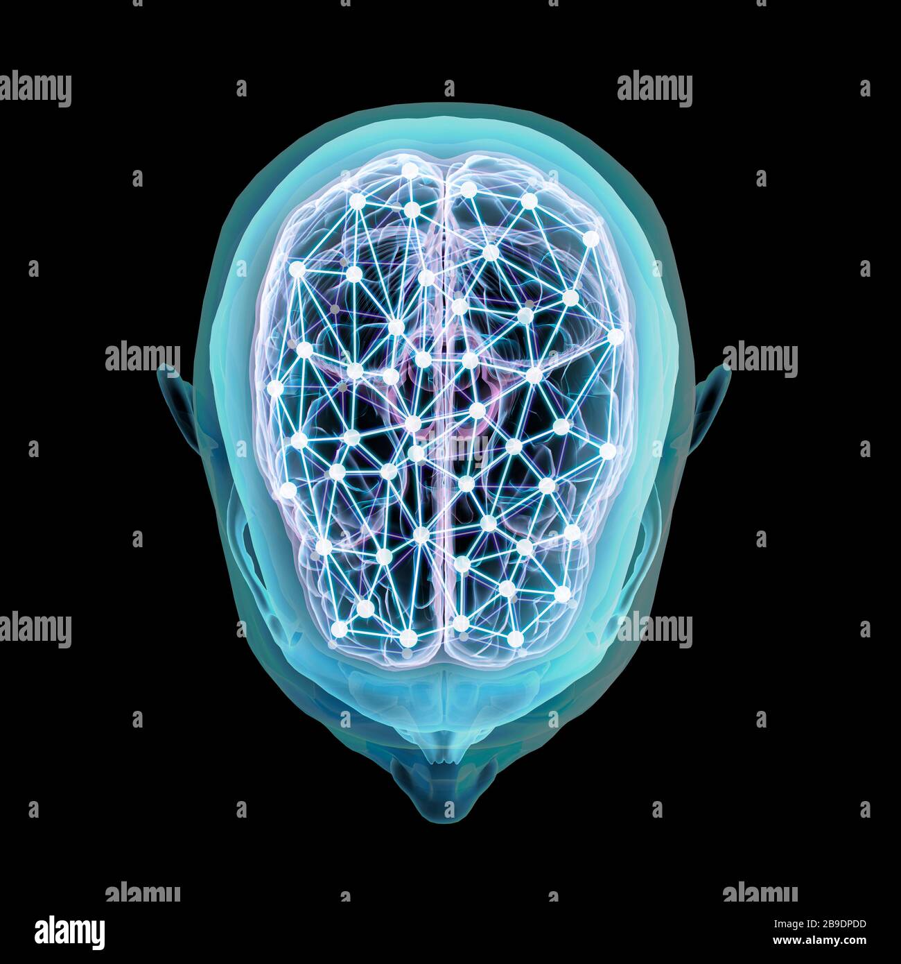Human head and brain with network nodes, top view on black background. Stock Photo