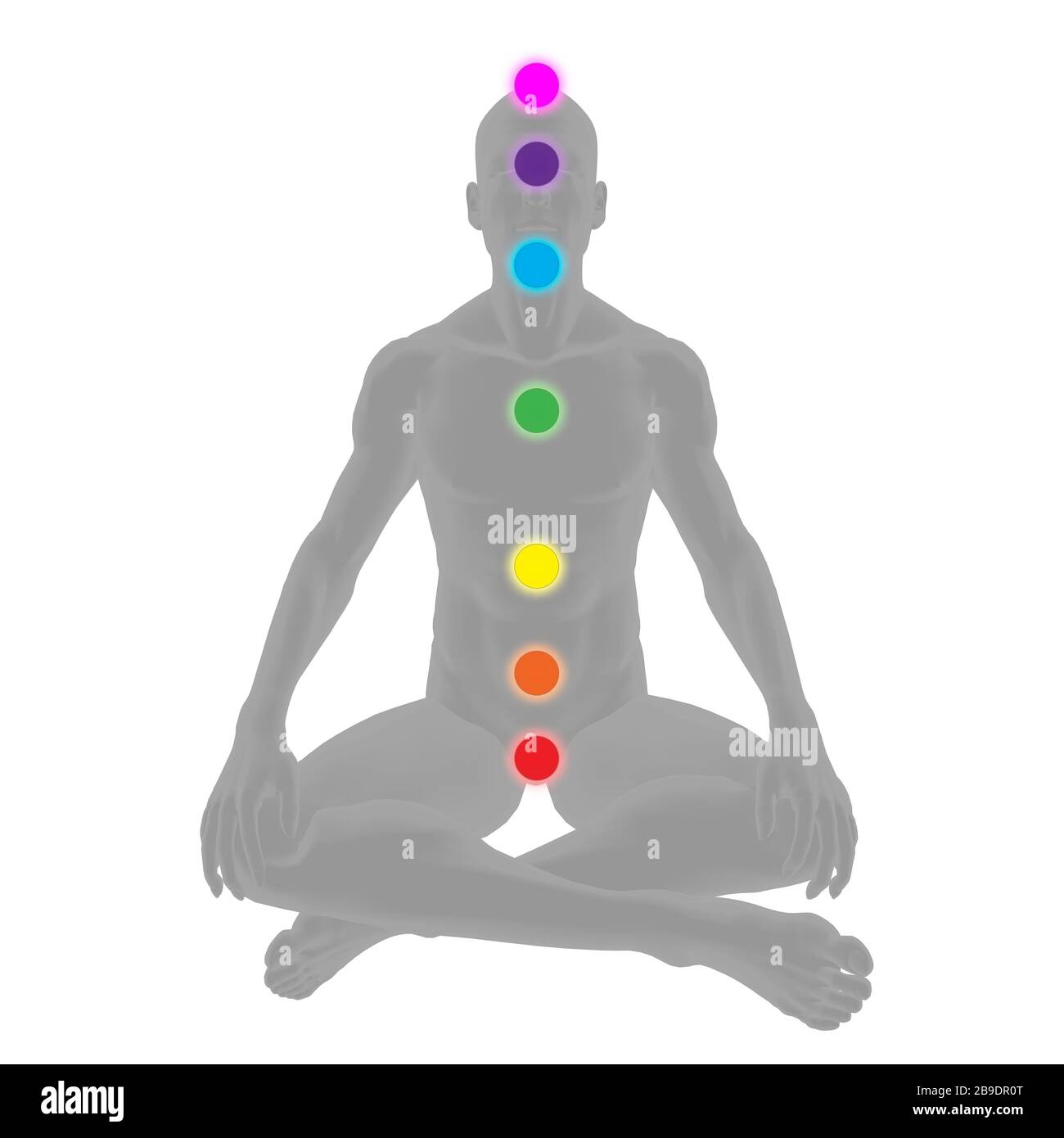 Gray silhouette of man sitting with seven chakra energy centers. Stock Photo
