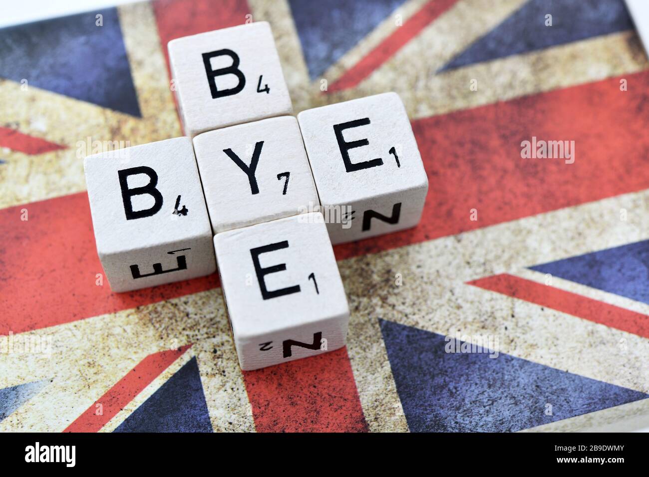 Cube letters form the stroke Byebye on the flag of Great Britain