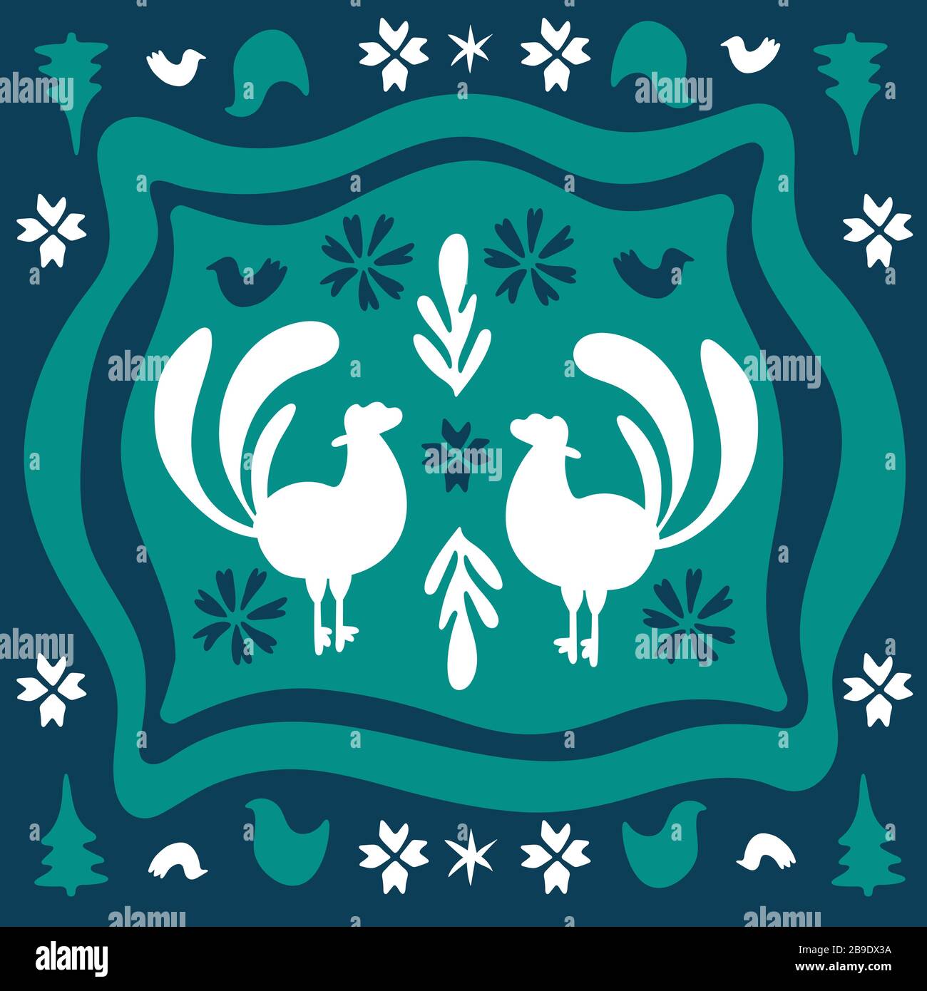 Farm roosters folk doodle art. Ethno style folklore cliparts. Holiday original flat square folk rustic tiles. Traditional shapes in blue and green Stock Vector