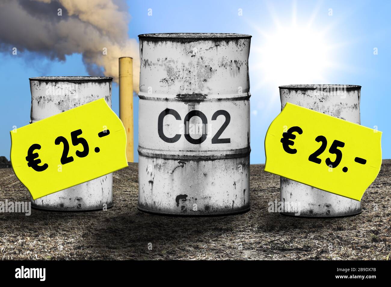 PHOTOMONTAGE, tonnes with label CO2 and prize etiquettes, symbolic photo CO2-Bepreisung and CO2 tax, FOTOMONTAGE, Tonnen mit Aufschrift CO2 und Preise Stock Photo