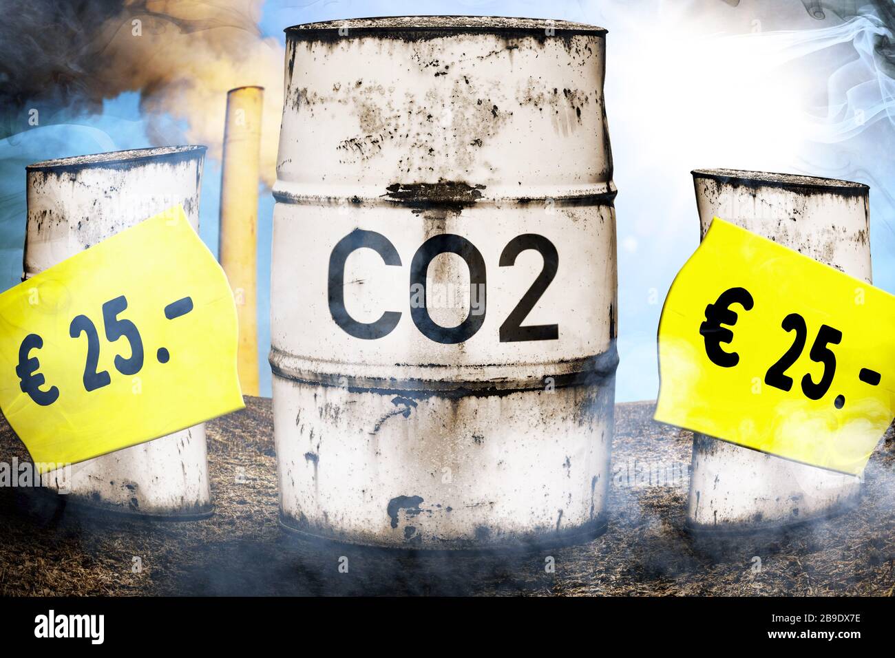 PHOTOMONTAGE, tonnes with label CO2 and prize etiquettes, symbolic photo CO2-Bepreisung and CO2 tax, FOTOMONTAGE, Tonnen mit Aufschrift CO2 und Preise Stock Photo
