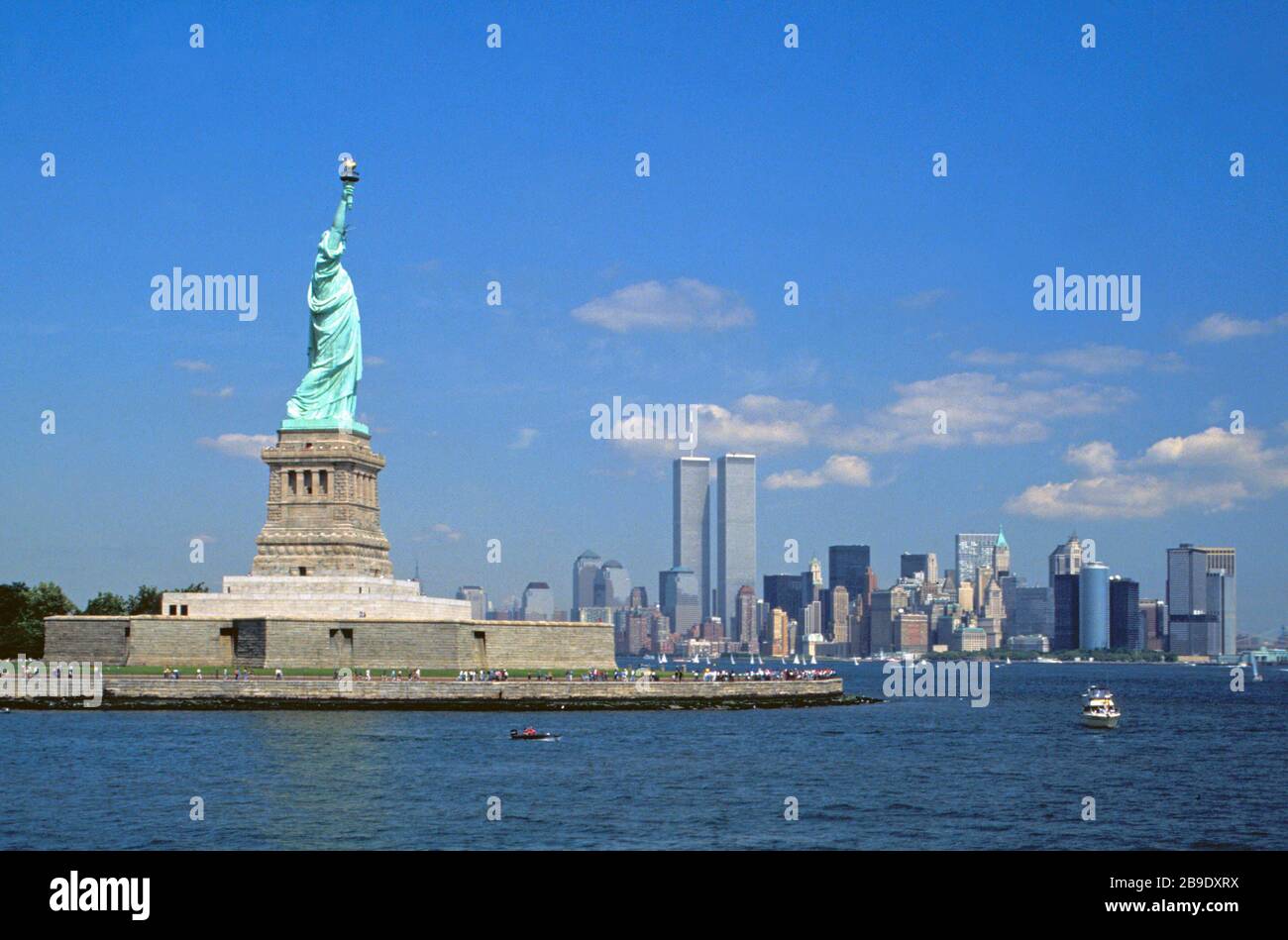 The Statue of Liberty with the skyline of Manhattan in the background