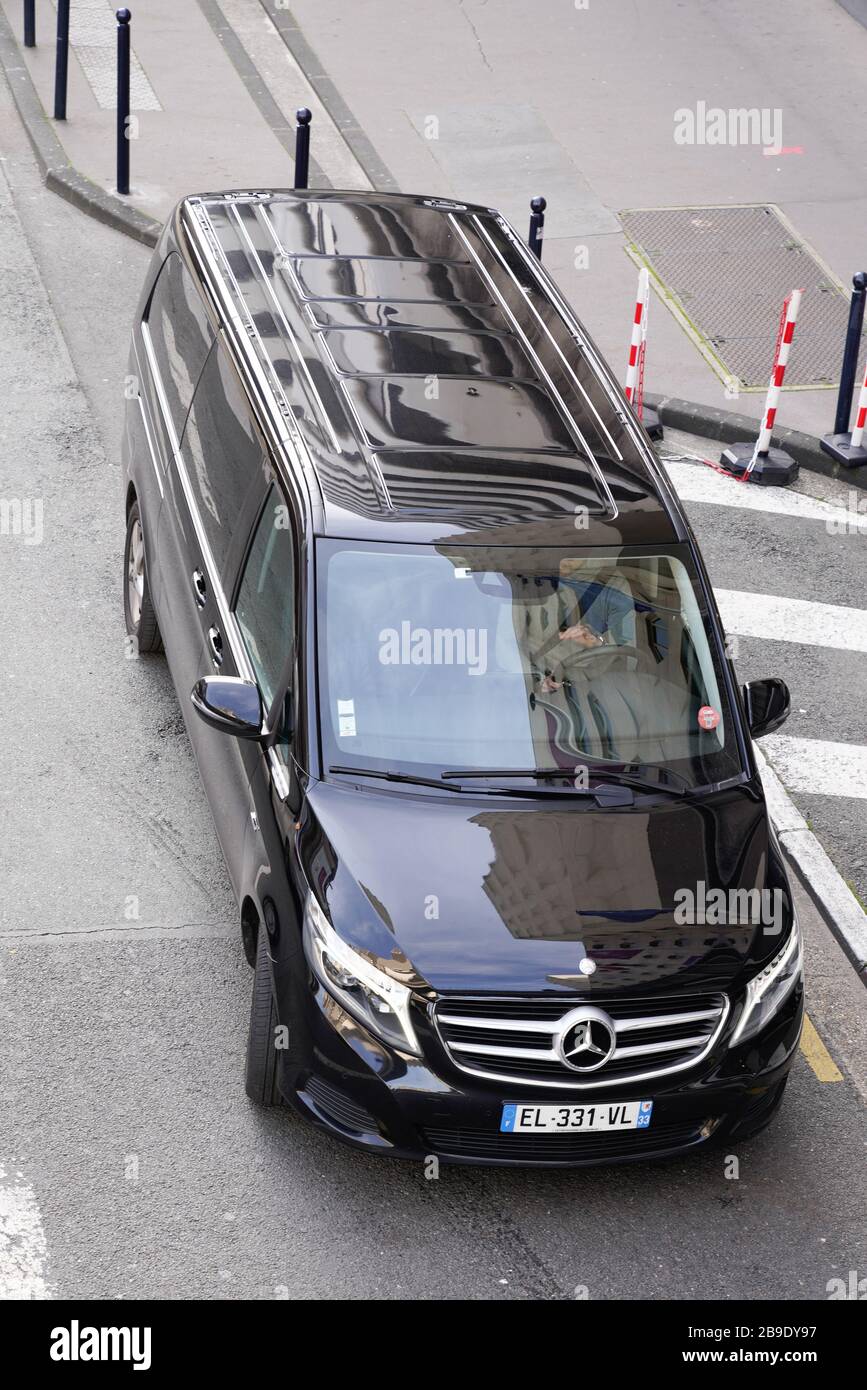 Black passenger van Mercedes Benz W447 Viano in the city street in