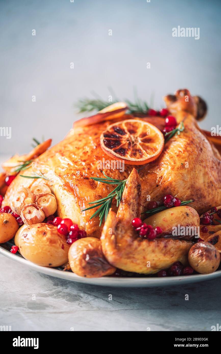 Roasted chicken with oranges, rosemary and cranberries on plate over concrete background. Traditional Thanksgiving or Friendsgiving holiday celebratio Stock Photo