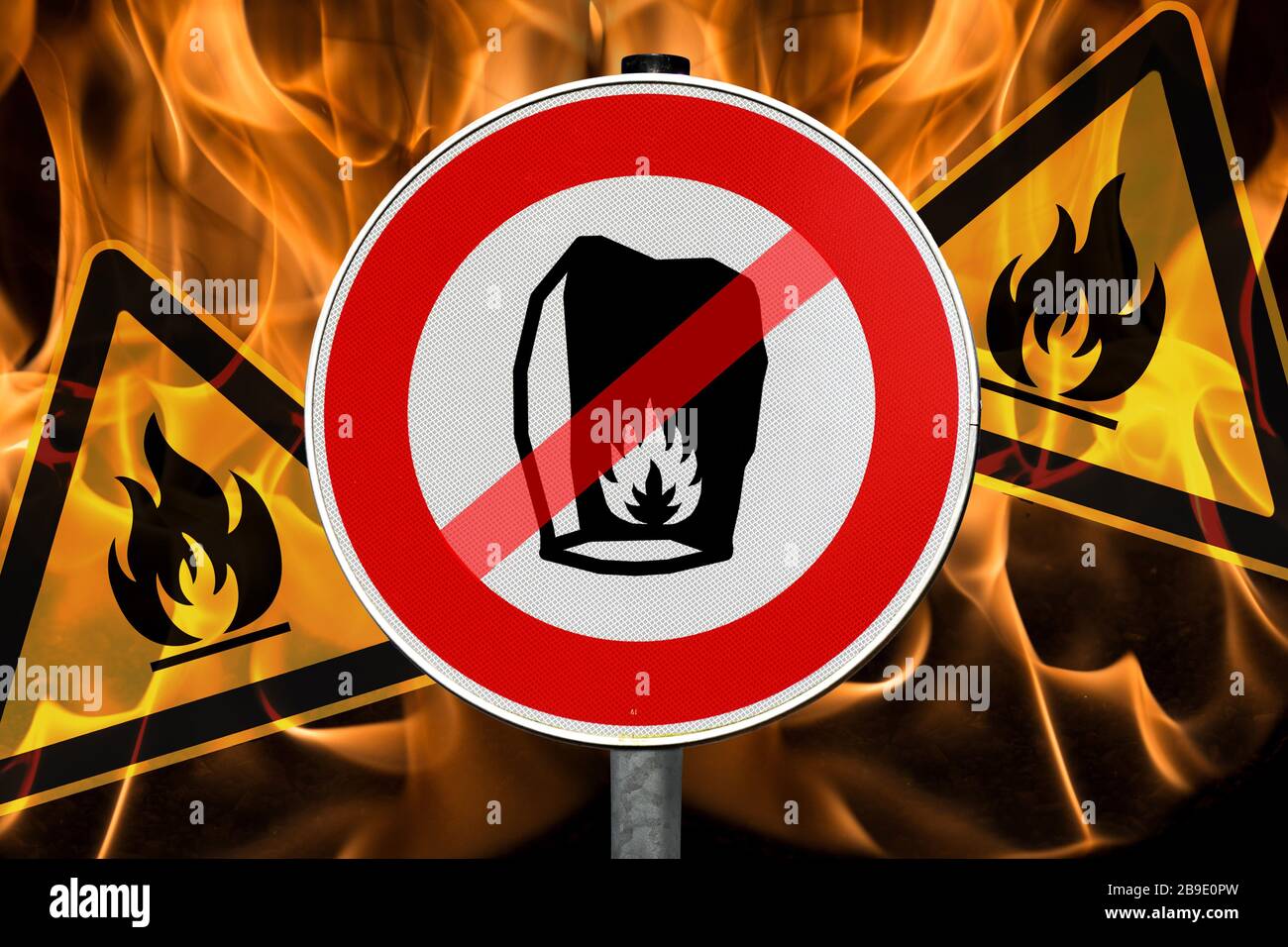 PHOTOMONTAGE, sky lantern no parking sign and fire warnings, symbolic