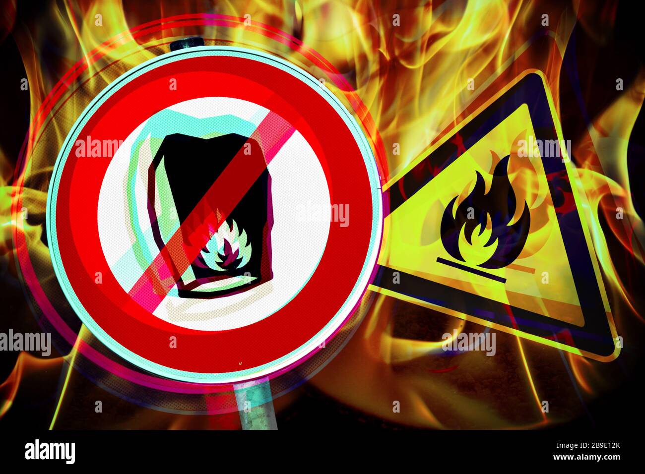 PHOTOMONTAGE, sky lantern no parking sign and fire warning, symbolic