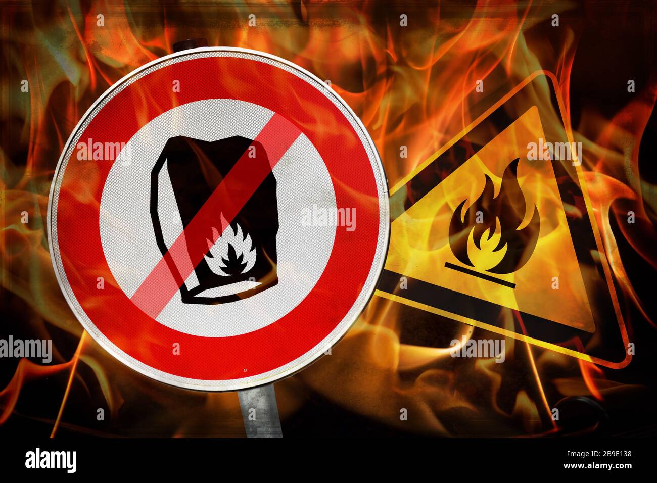 PHOTOMONTAGE, sky lantern no parking sign and fire warning, symbolic