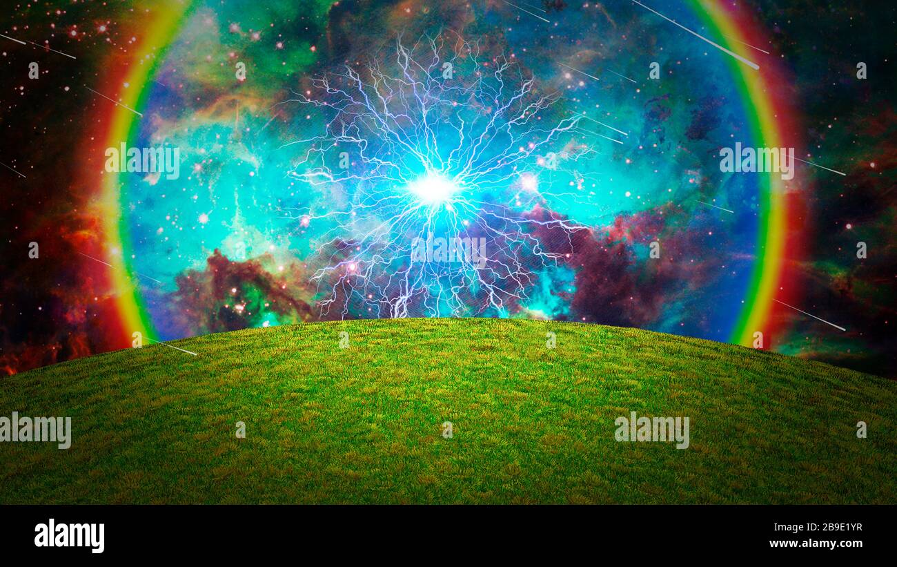 Energy burst over green field with vivid galaxy. Stock Photo