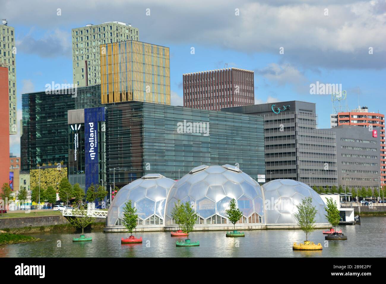 view Rijnhaven Rotterdam on the floating forest and spheres. Modern high rises in the back; place of the Climate Adaptation Summit in October 2020 Stock Photo