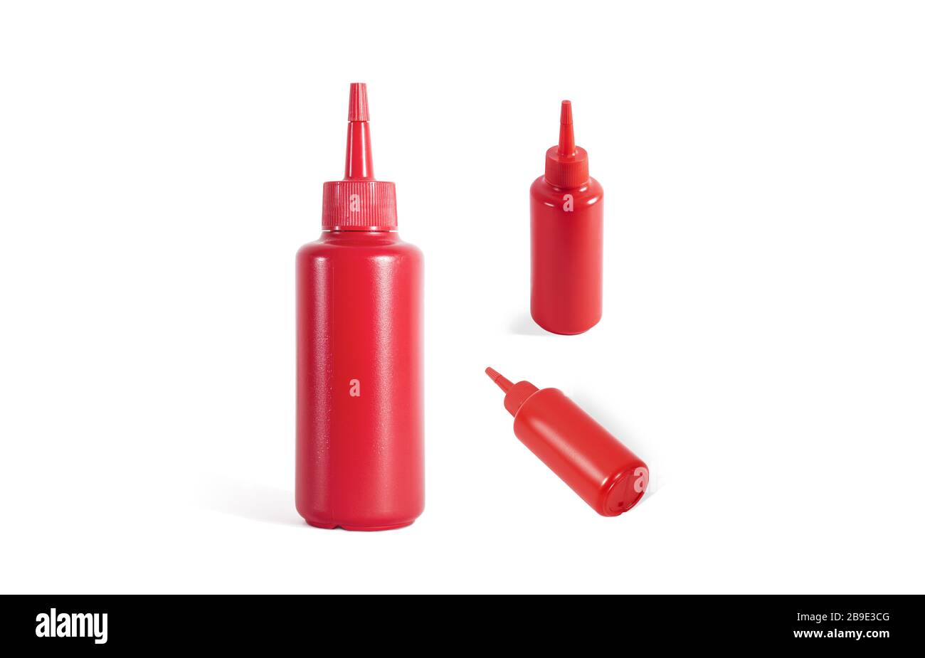 Blank red squeeze sauce bottle mockup, different sides Stock Photo
