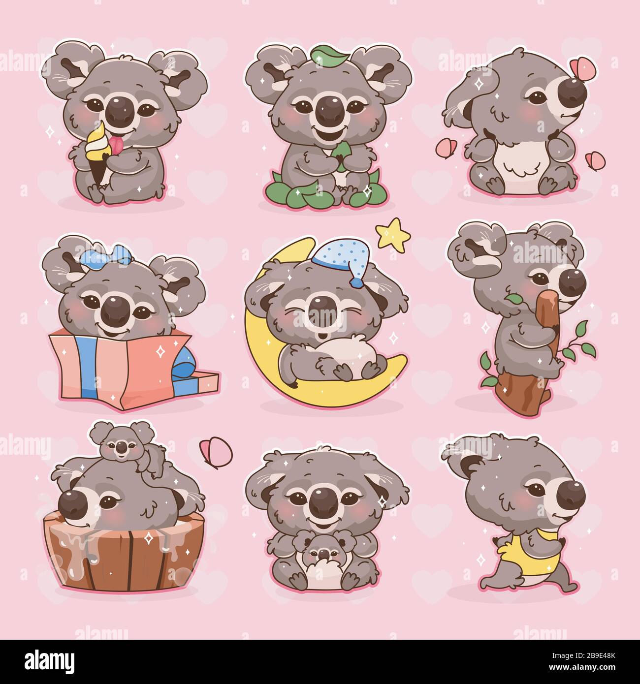 Cute koala kawaii cartoon vector characters set Stock Vector Image ...