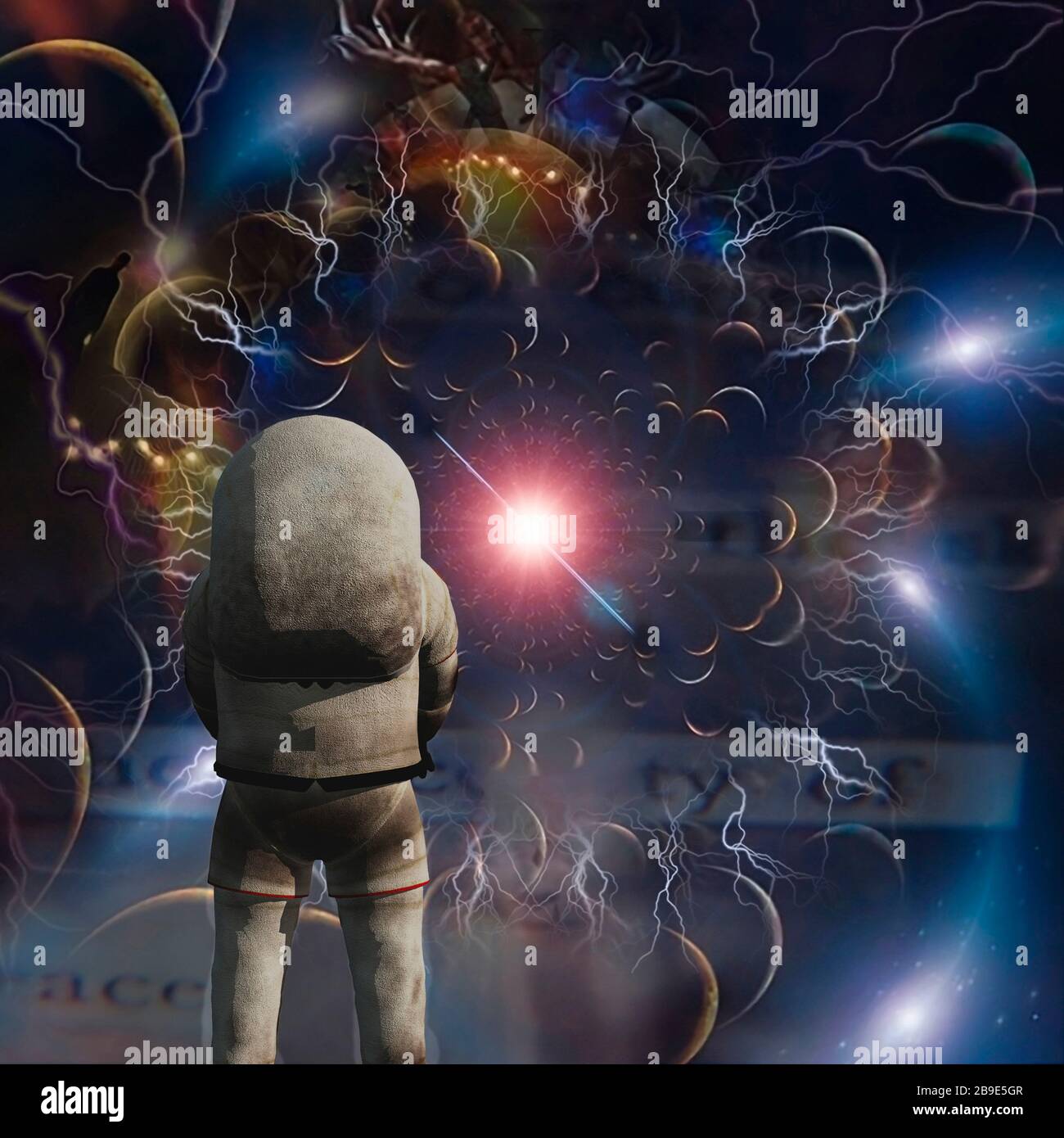 Astronaut in surreal composition, with supernova. Stock Photo