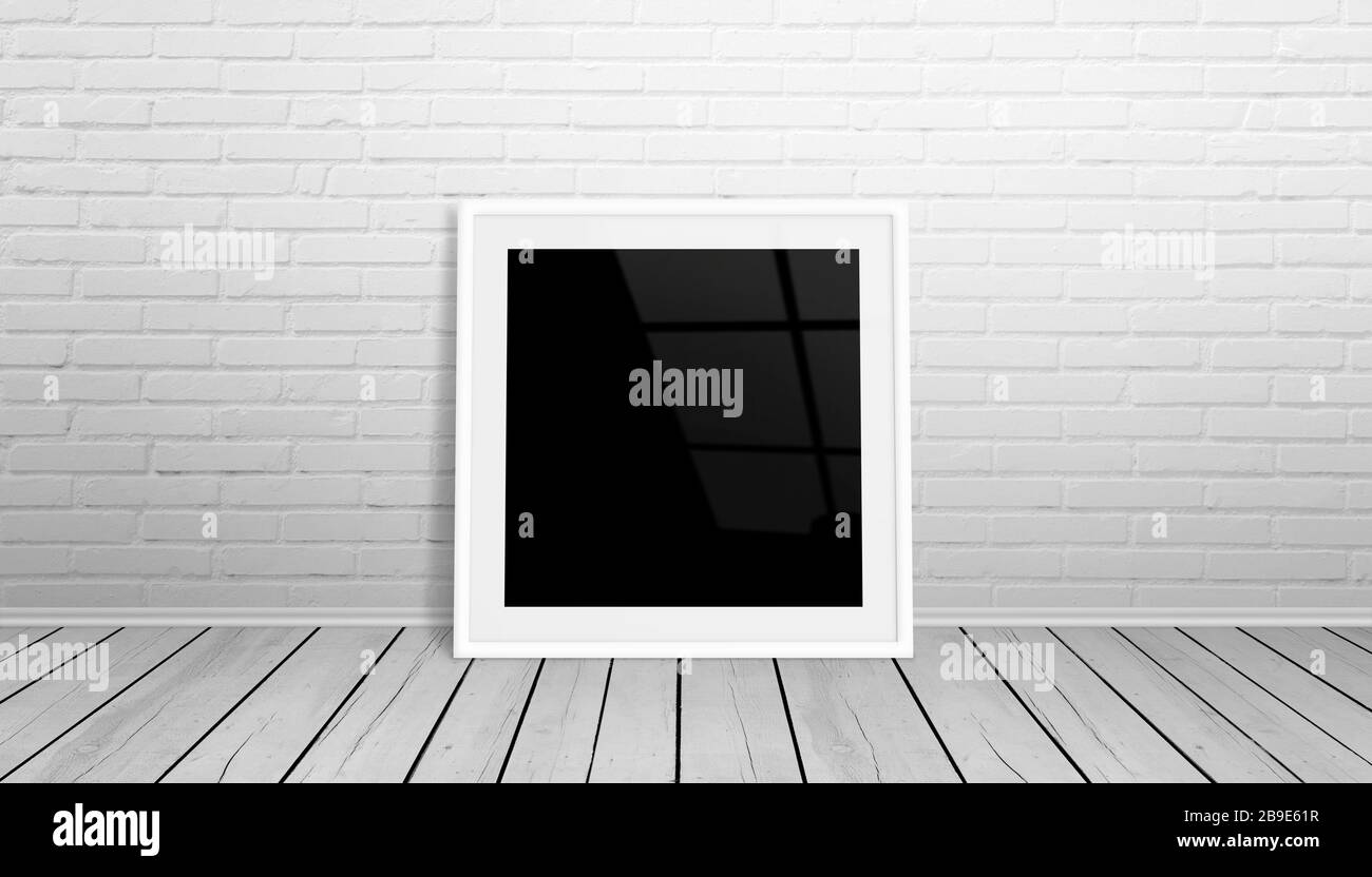 Picture frame mockup. Isolated frame for art, design presentation. Frame leaning on white brick