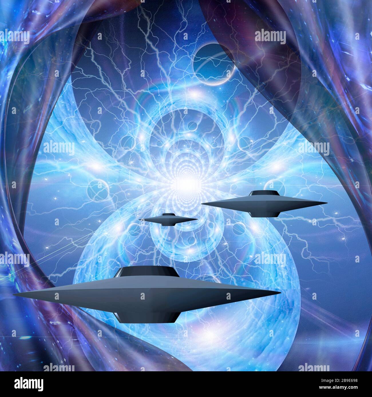 Scifi art of flying saucers in hyperspace Stock Photo Alamy