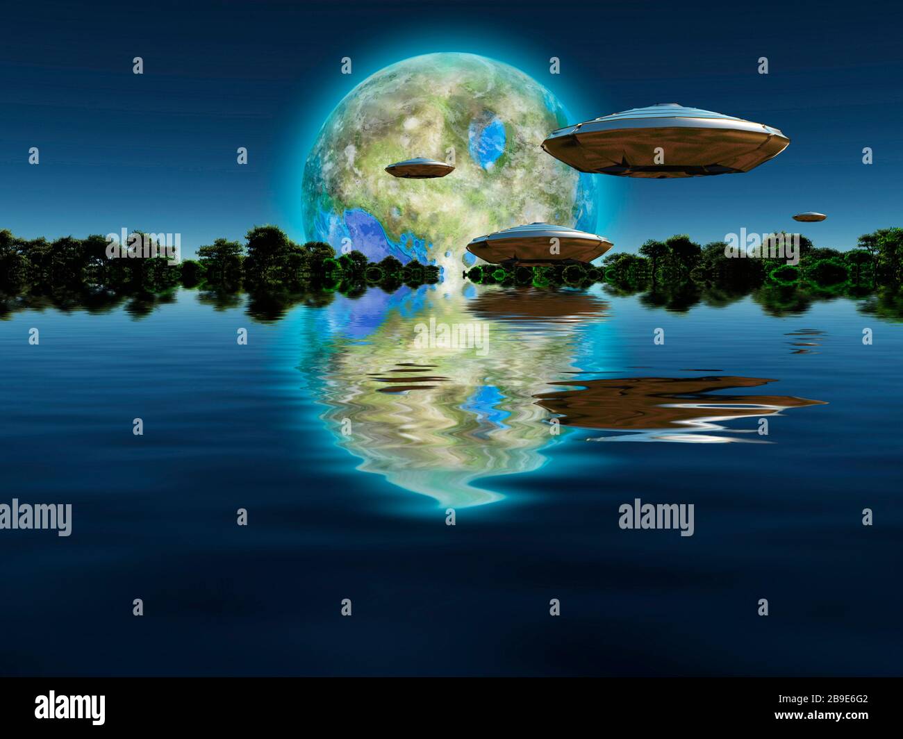 Spacecrafts hover over water surface with terraformed moon at the horizon Stock Photo Alamy